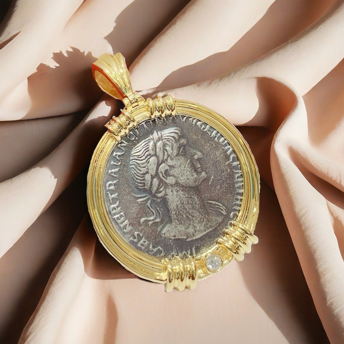 Emperor Trajan& Fortuna Ancient Greek Coin Medallion 18K Gold Pendant (Item No. COIN041)