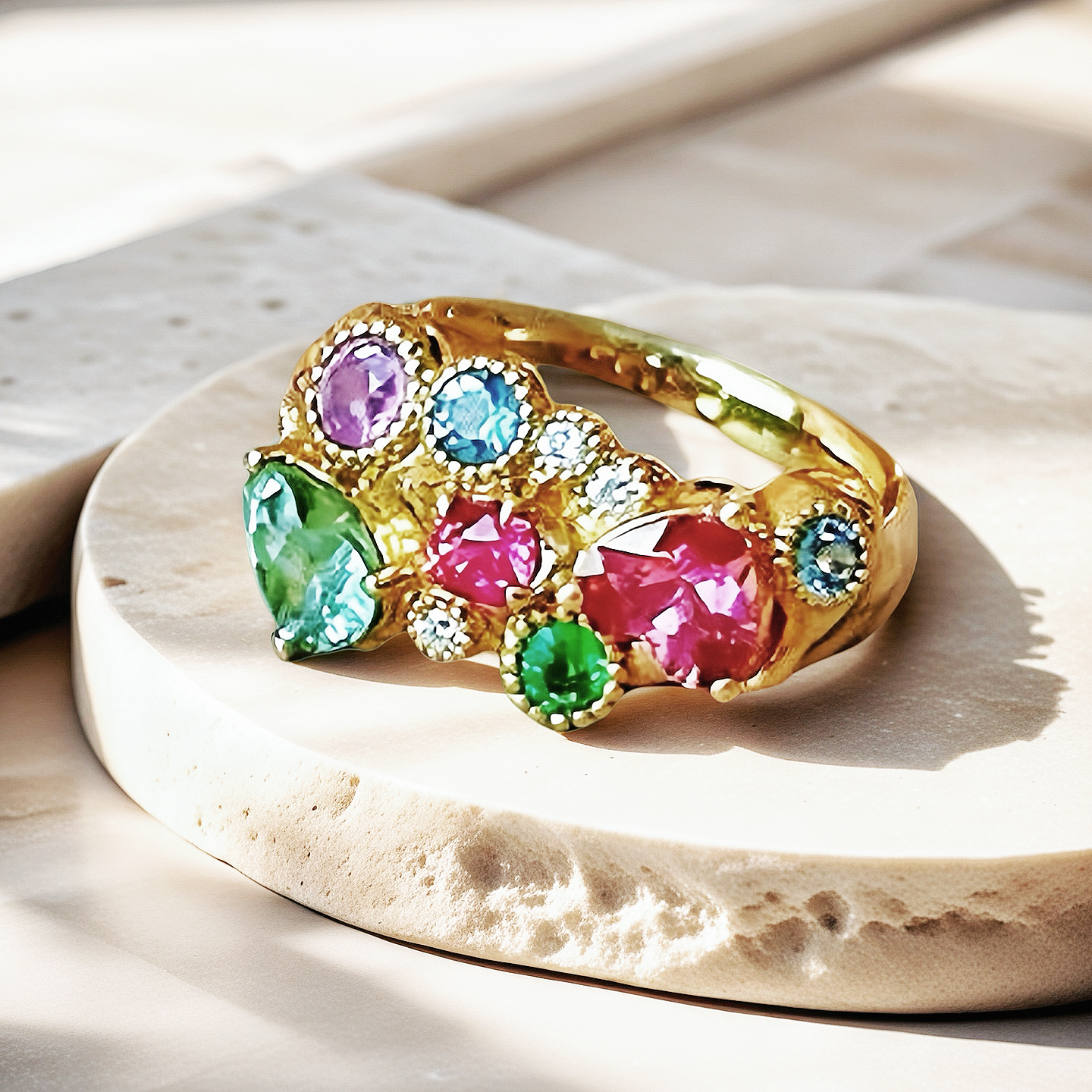 Vintage Garden 18k Gold Diamond Rainbow Gem Ring (Item No. VT037)