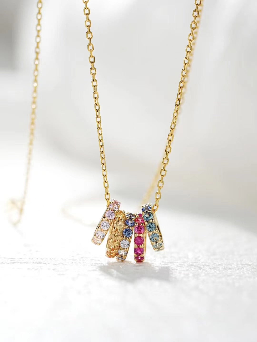 Five Rings Rainbow Sapphire 18K Gold Pendant Necklace Set (Item No. SA016)