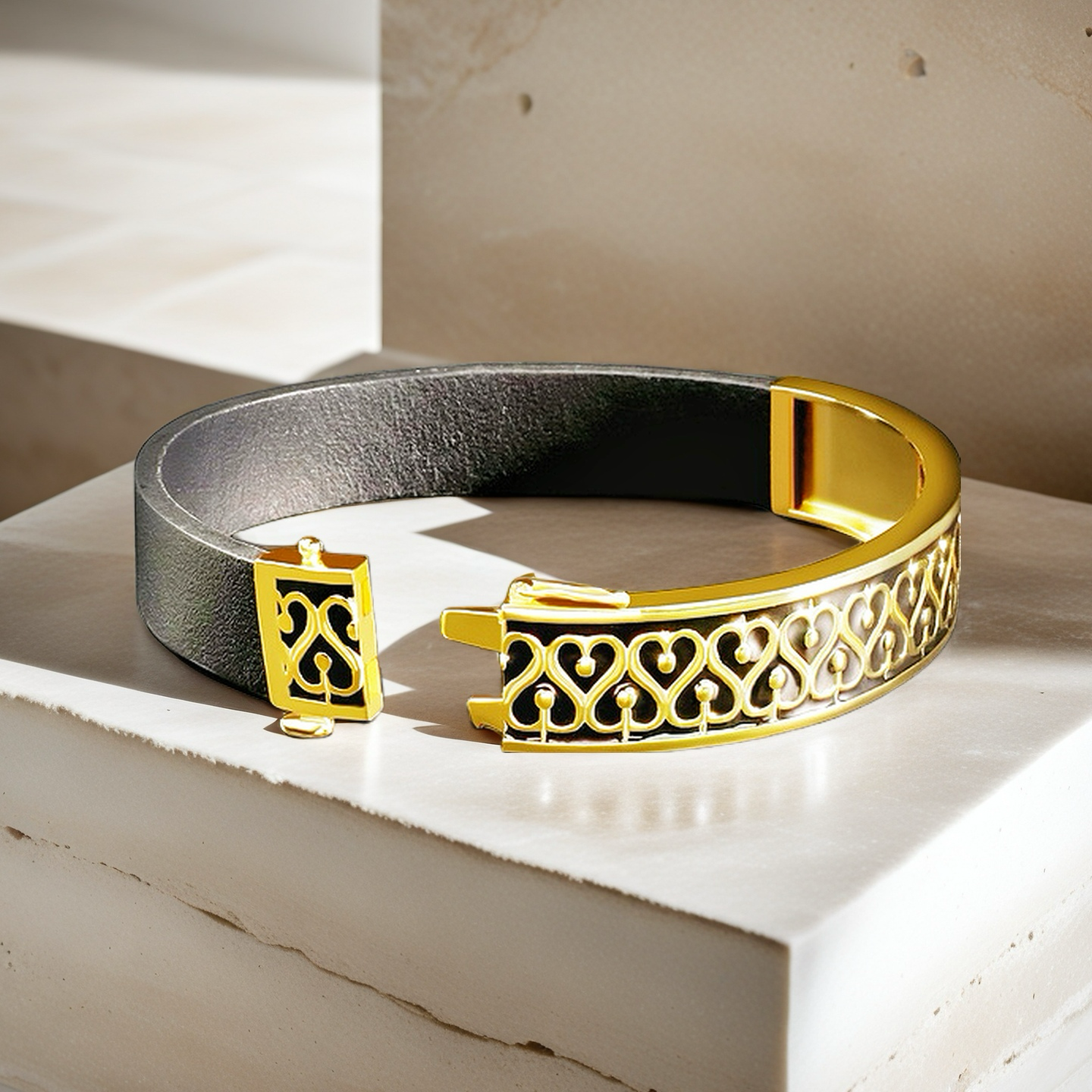 Greek Key Sterling Silver/9k/14k/18k Enamel Leather Gold Bangle(Item No. GB0009)