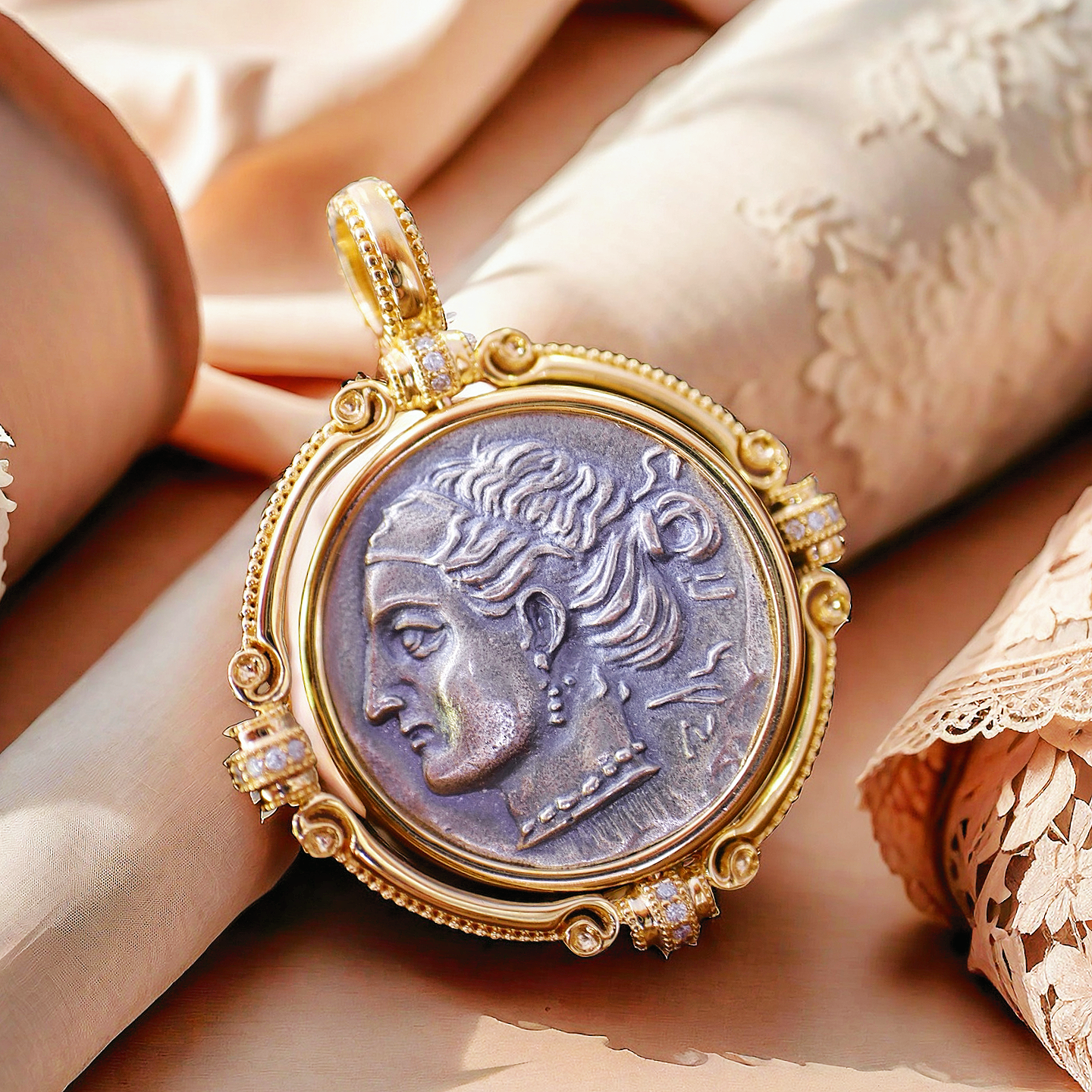 Aphrodite Ancient Greek Coin Medallion 18K Gold Pendant (Item No. COIN026)