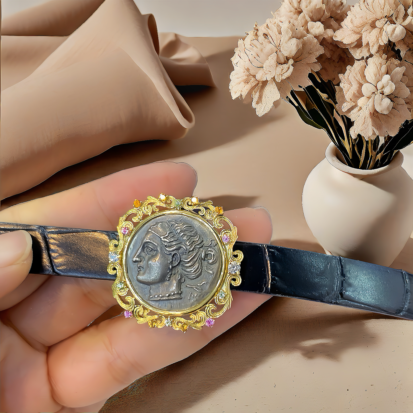 Aphrodite Ancient Greek Coin Medallion 18K Gold Bracelet (Item No. COIN085)