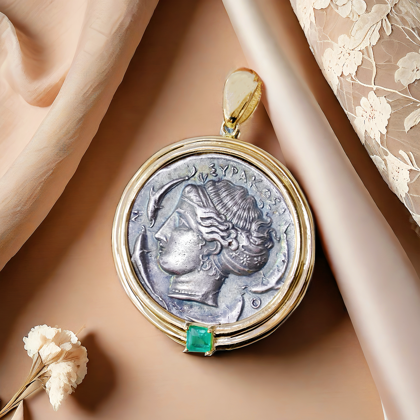 Arethusa Ancient Greek Coin Medallion 18K Gold Pendant (Item No. COIN050)