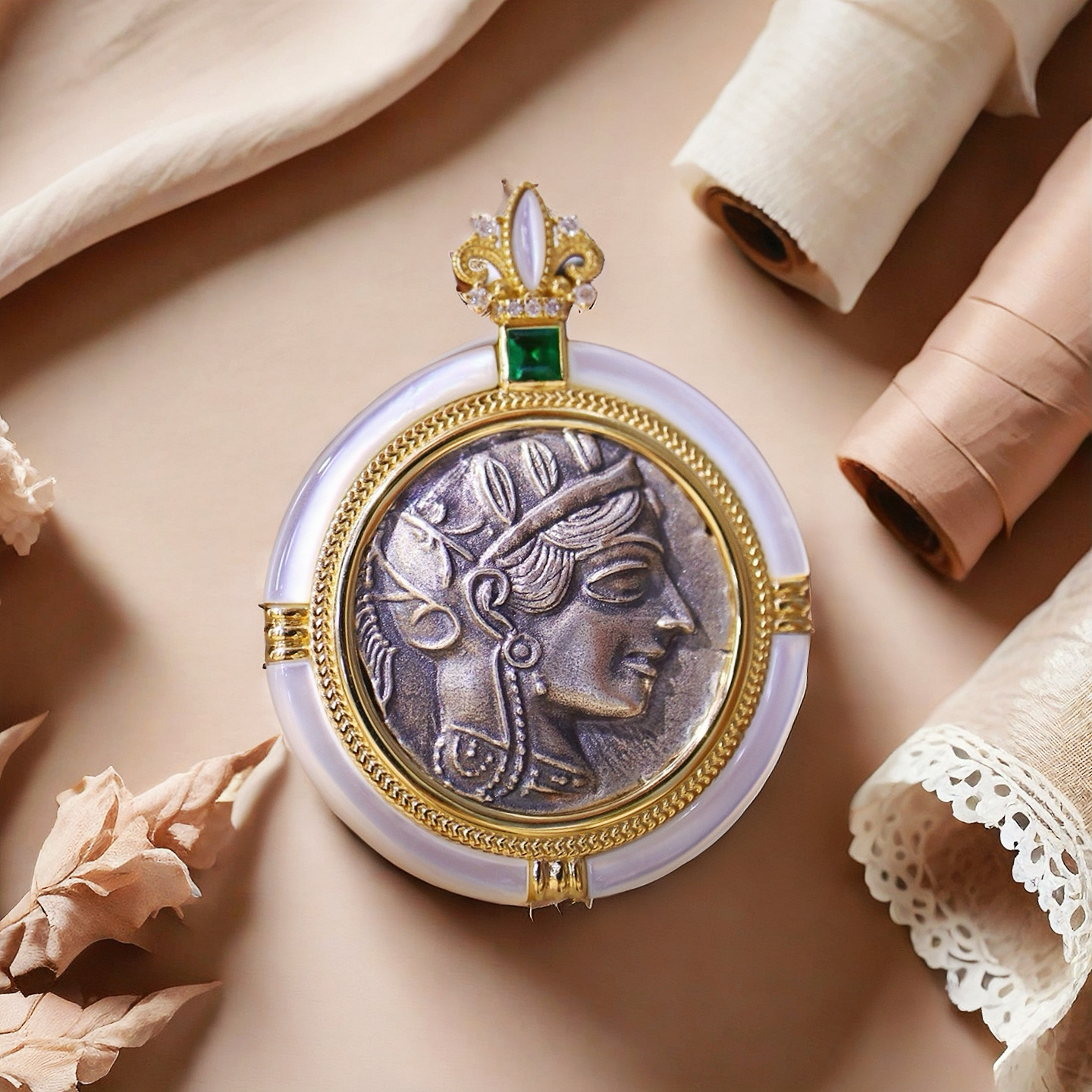 Athena Owl Ancient Coin Medallion 18k Gold Pendant (Item No. COIN008)