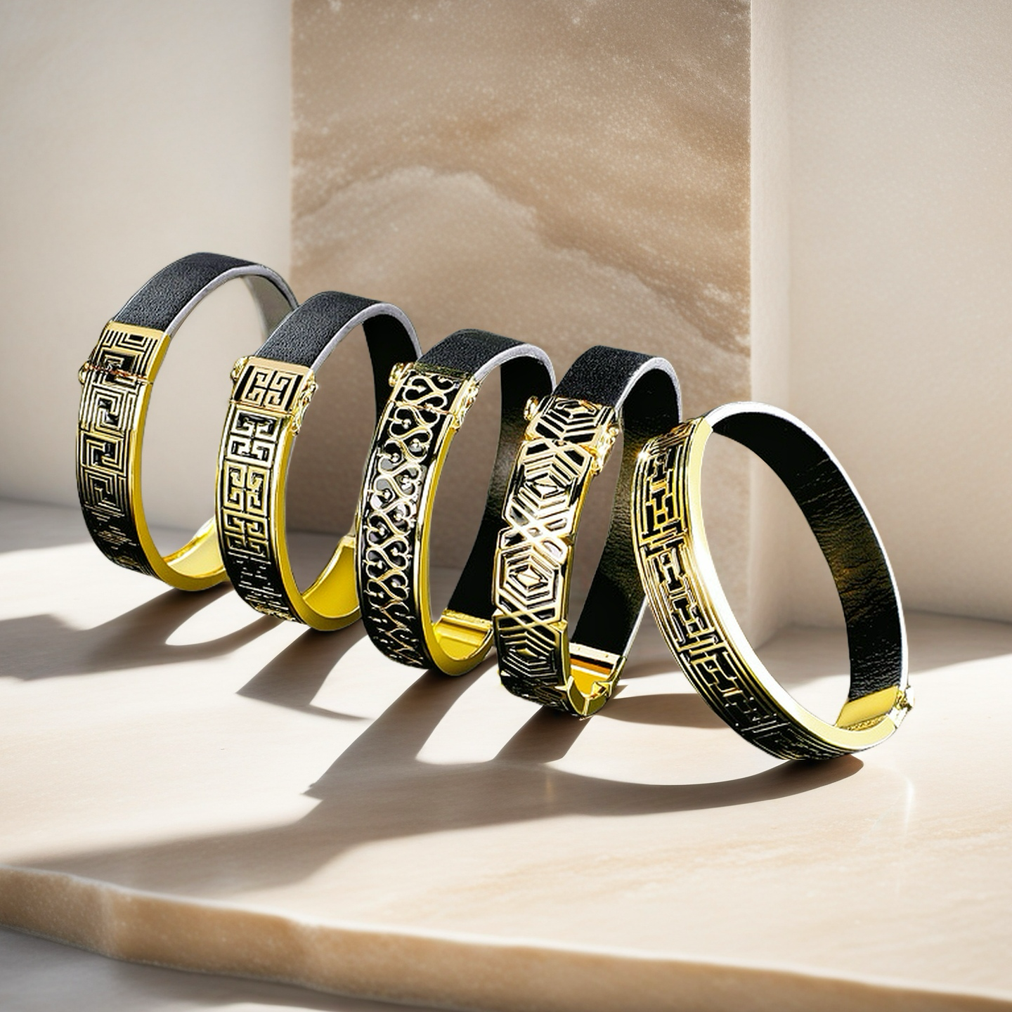 Greek Key Sterling Silver/9k/14k/18k Enamel Leather Gold Bangle(Item No. GB0008)