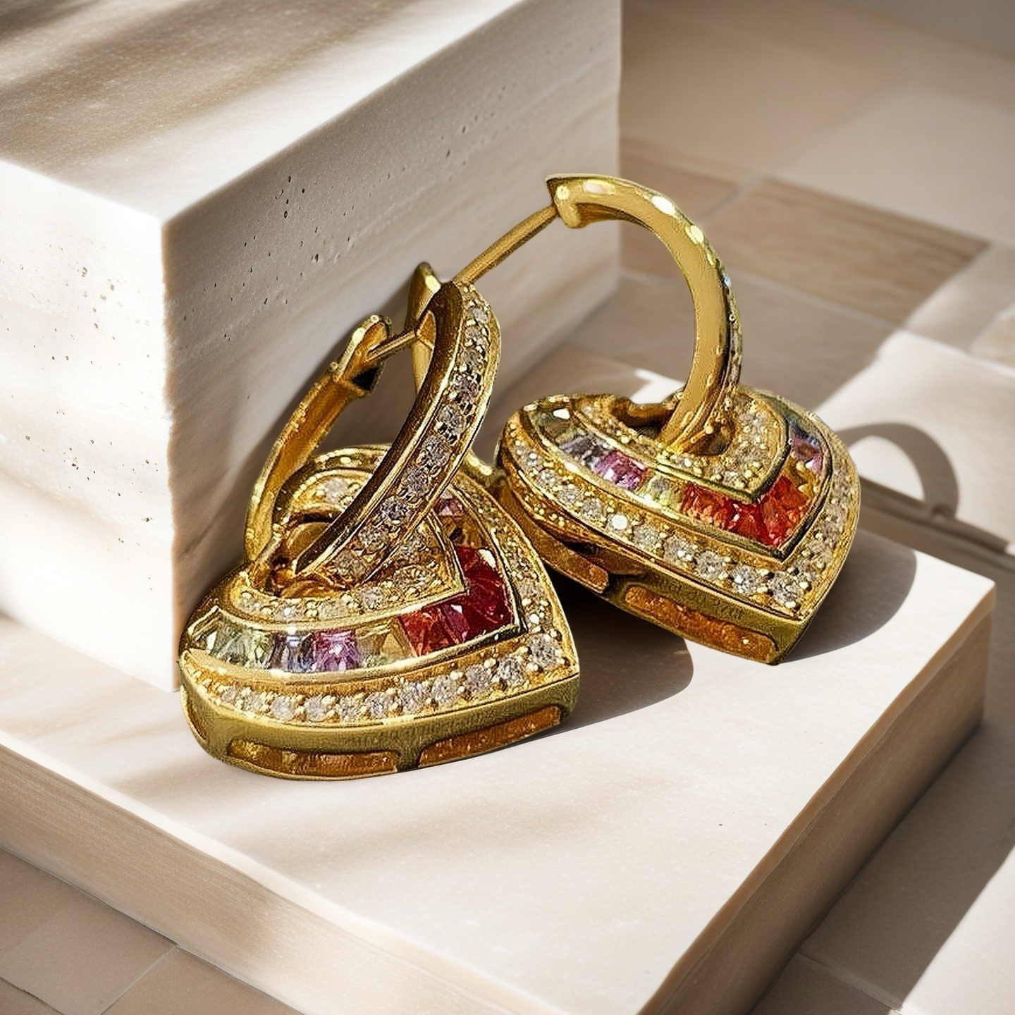 Rainbow Heart 18k Gold Diamond Sapphire Earring (Item No. VT062)