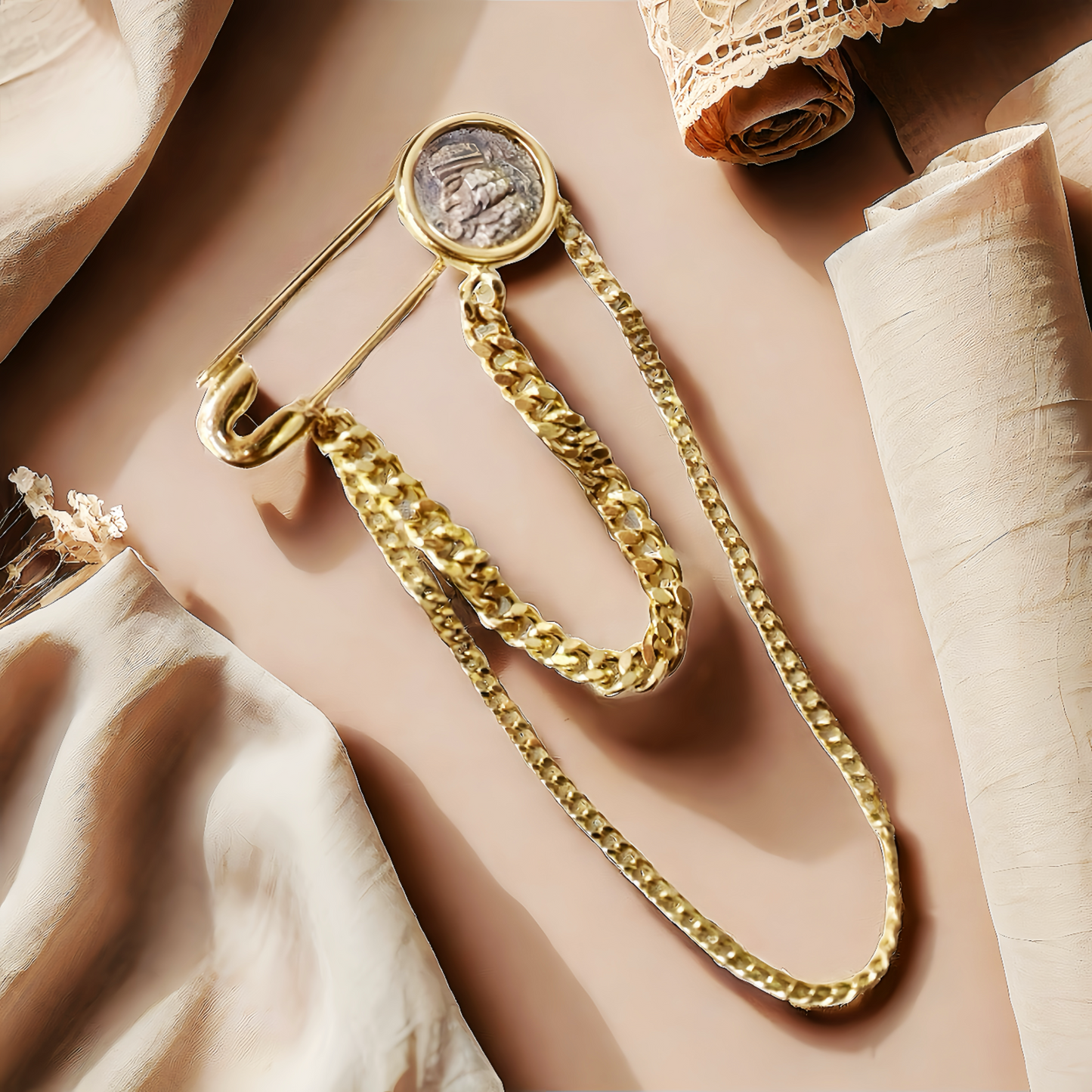 Parthian Emperor Ancient Coin Medallion 18K Gold Brooch (Item No. COIN055)