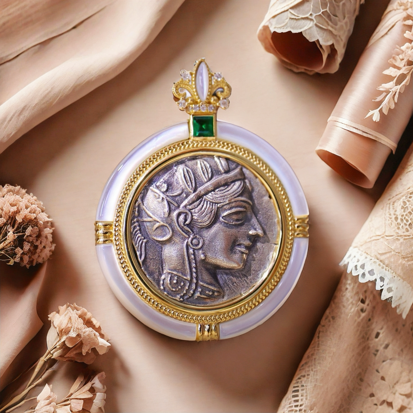 Athena Owl Ancient Coin Medallion 18k Gold Pendant (Item No. COIN008)