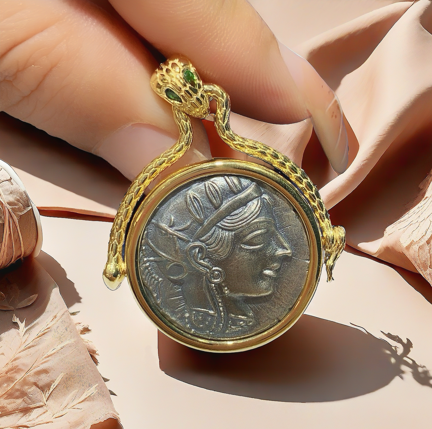 Athena Owl Ancient Greek Coin Medallion 18k Gold Pendant (Item No. COIN003)