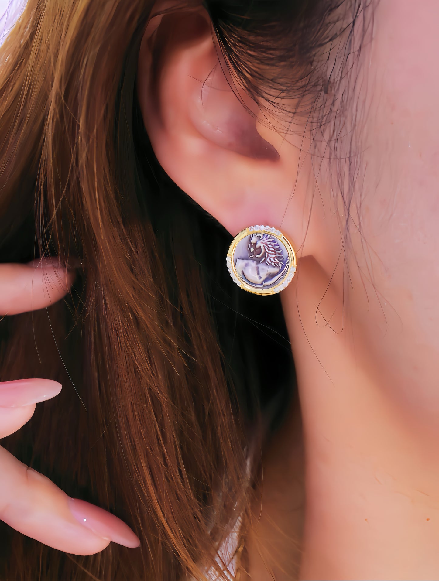 Lion Ancient Greek Coin Medallion 18K Gold Diamond Earring (Item No. COIN047)