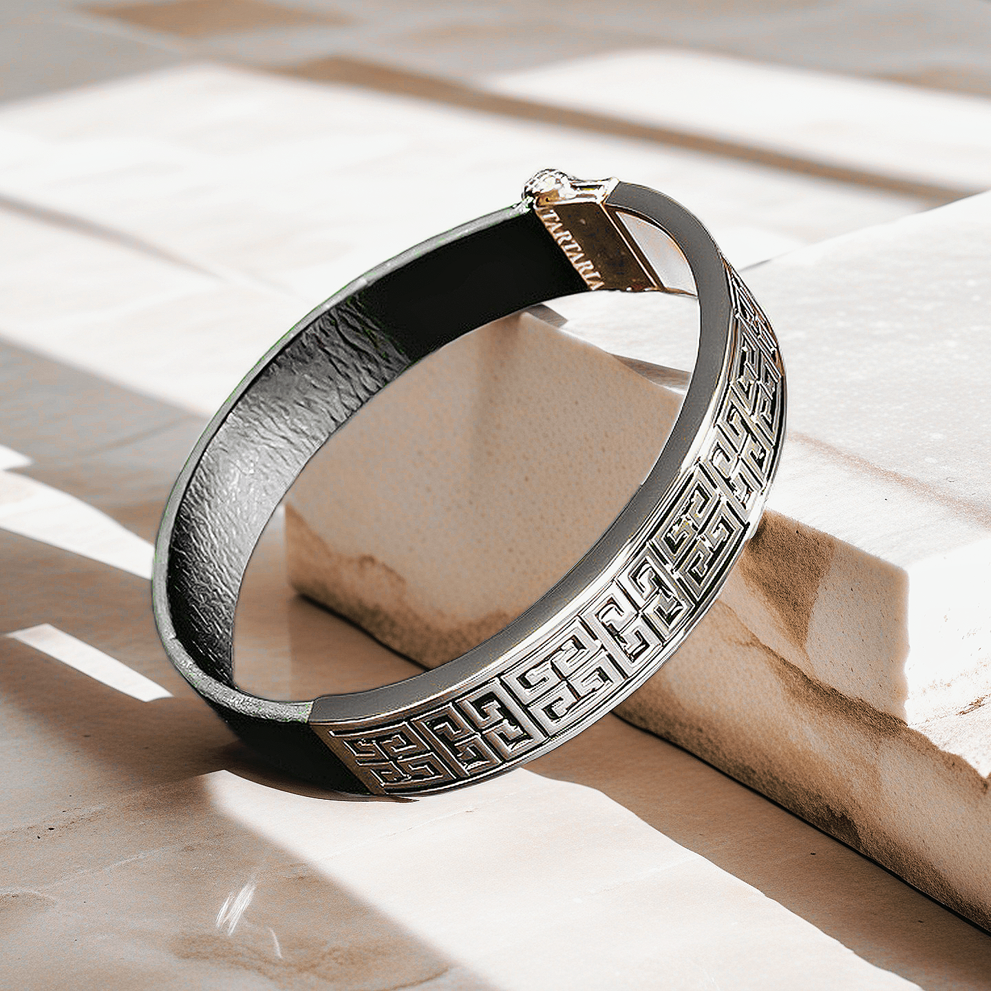 Greek Key Sterling Silver/9k/14k/18k Enamel Leather Gold Bangle(Item No. GB0008)