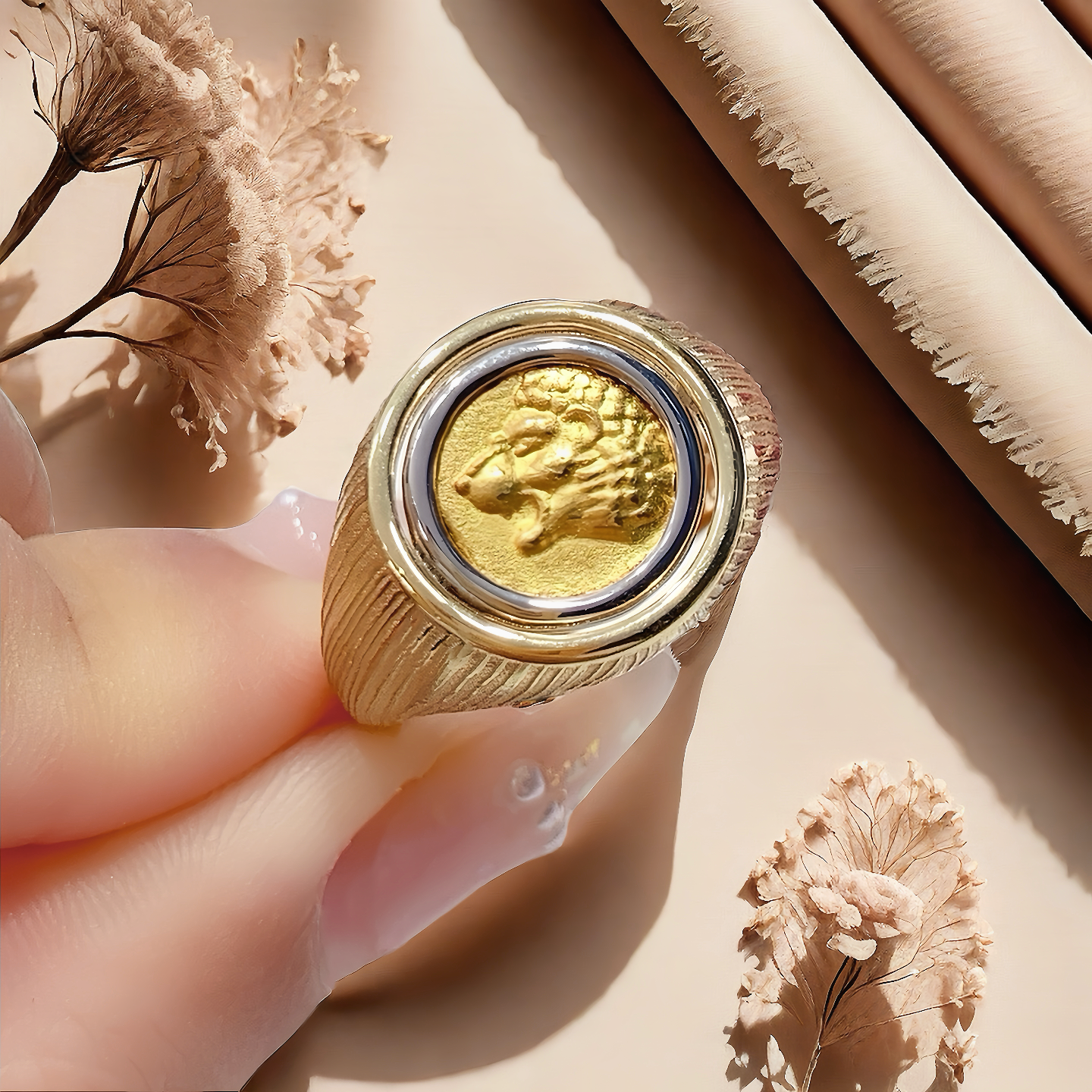 Lion Ancient Coin Medallion Electrum Gold 24k Gold Ring(Item No. COIN068)