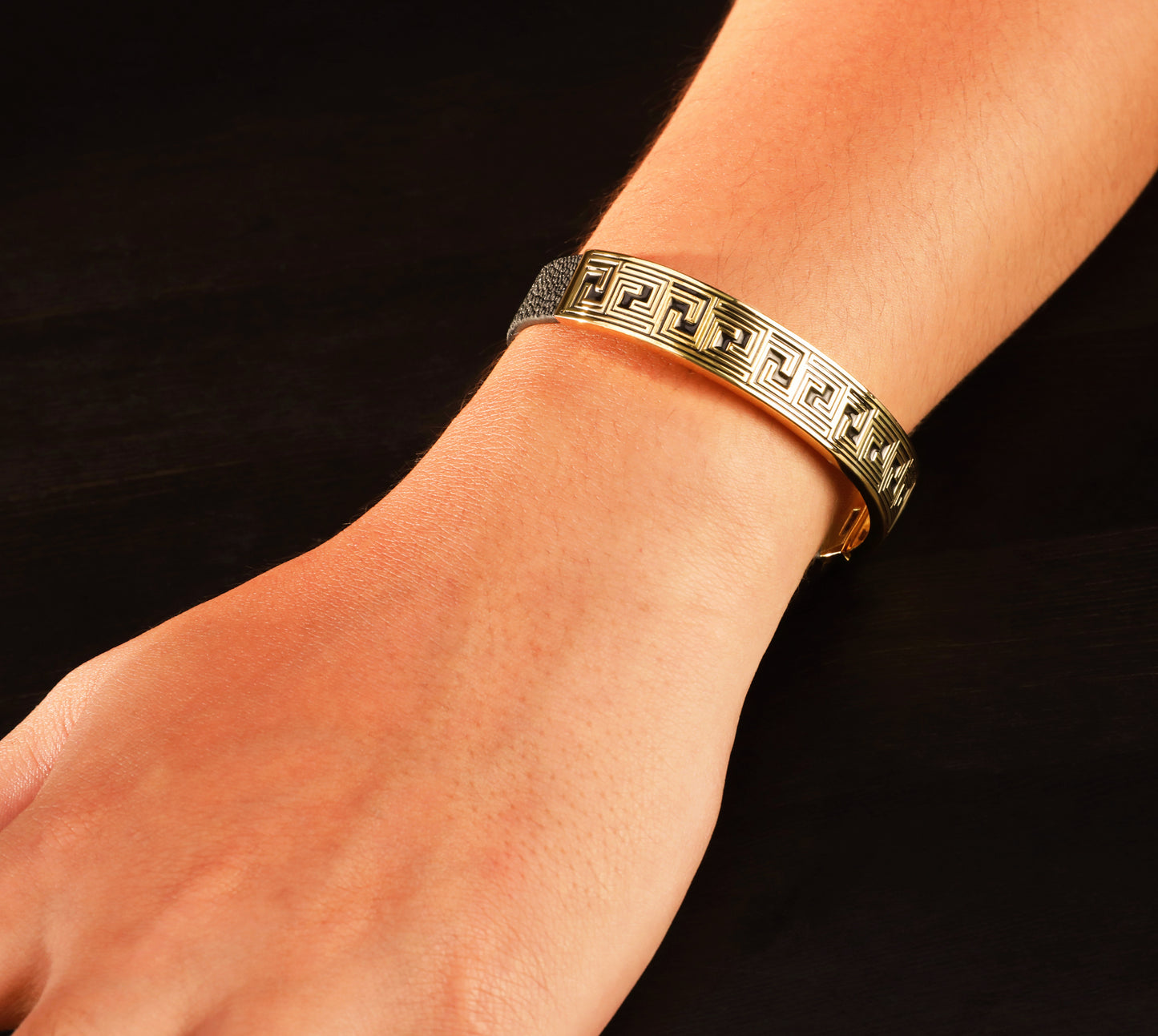 Greek Key Sterling Silver/9k/14k/18k Enamel Leather Gold Bangle(Item No. GB0005)