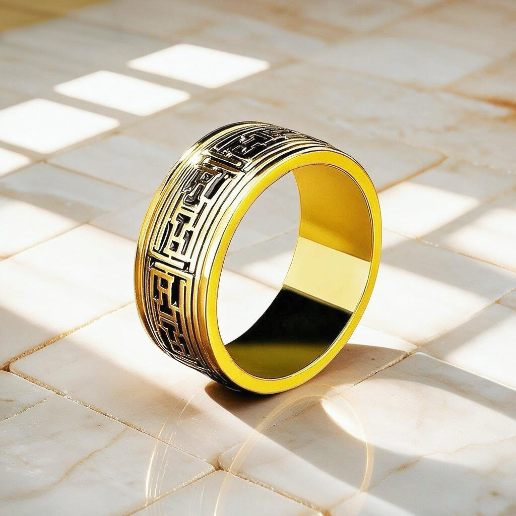 Rotatable Enamel Greek Key 9k/14k/18k Gold Ring (Item No. GR0003)