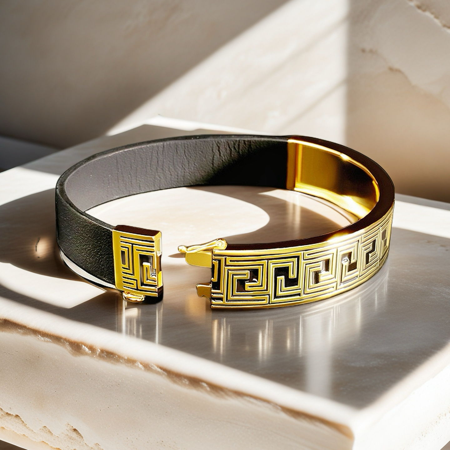 Greek Key Sterling Silver/9k/14k/18k Enamel Leather Gold Bangle(Item No. GB0005)