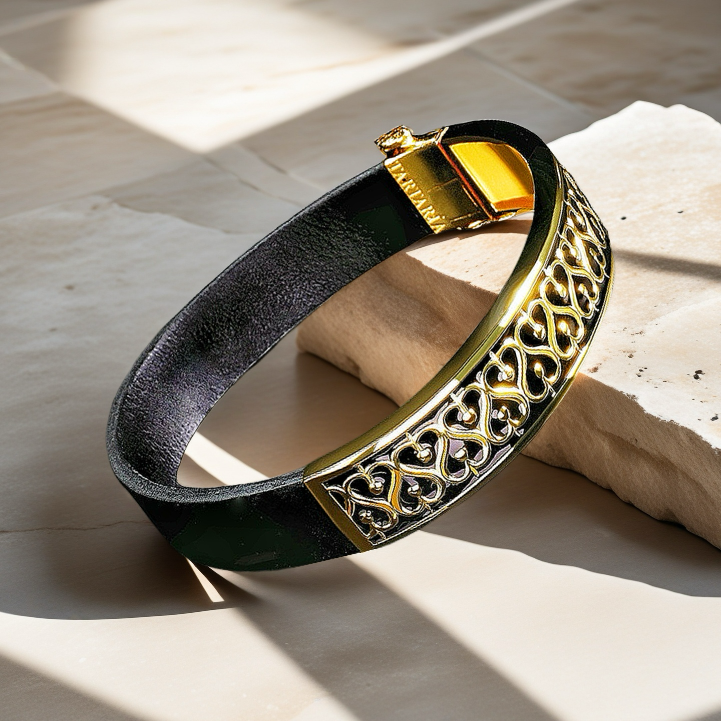 Greek Key Sterling Silver/9k/14k/18k Enamel Leather Gold Bangle(Item No. GB0009)