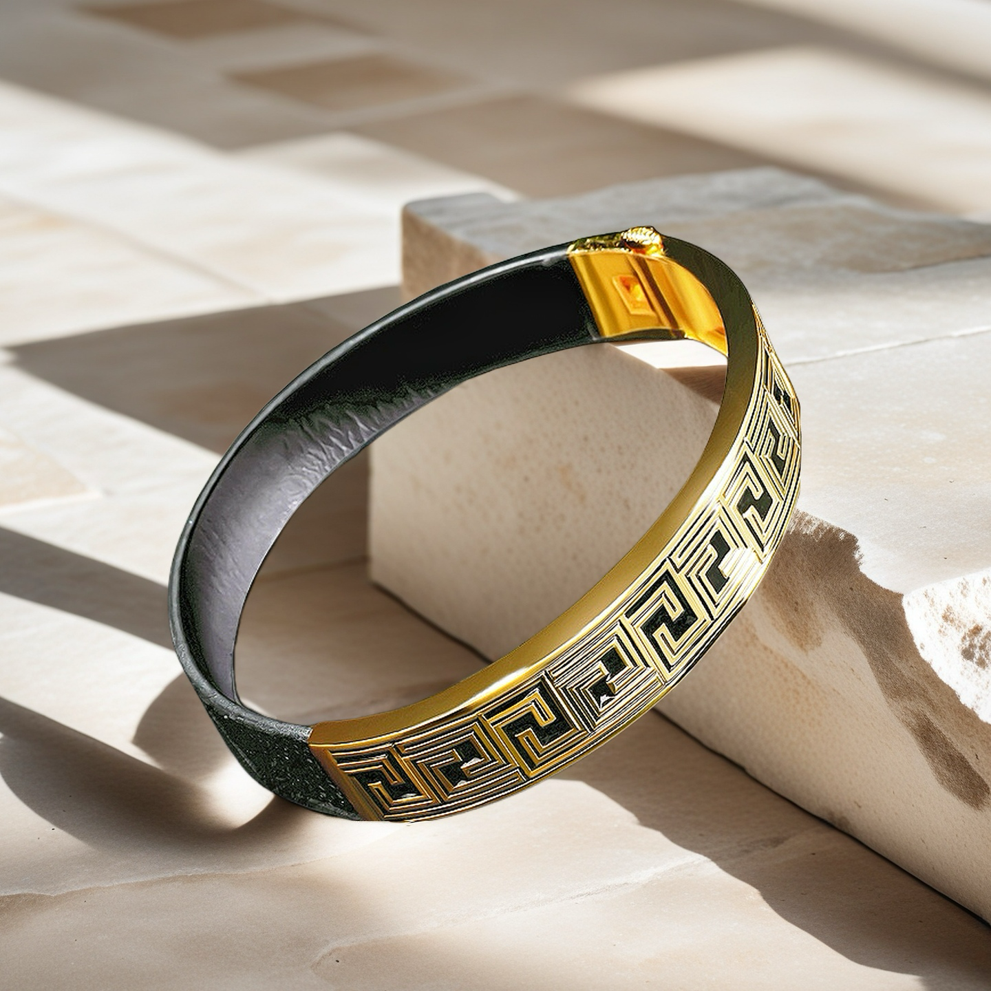 Greek Key Sterling Silver/9k/14k/18k Enamel Leather Gold Bangle(Item No. GB0005)