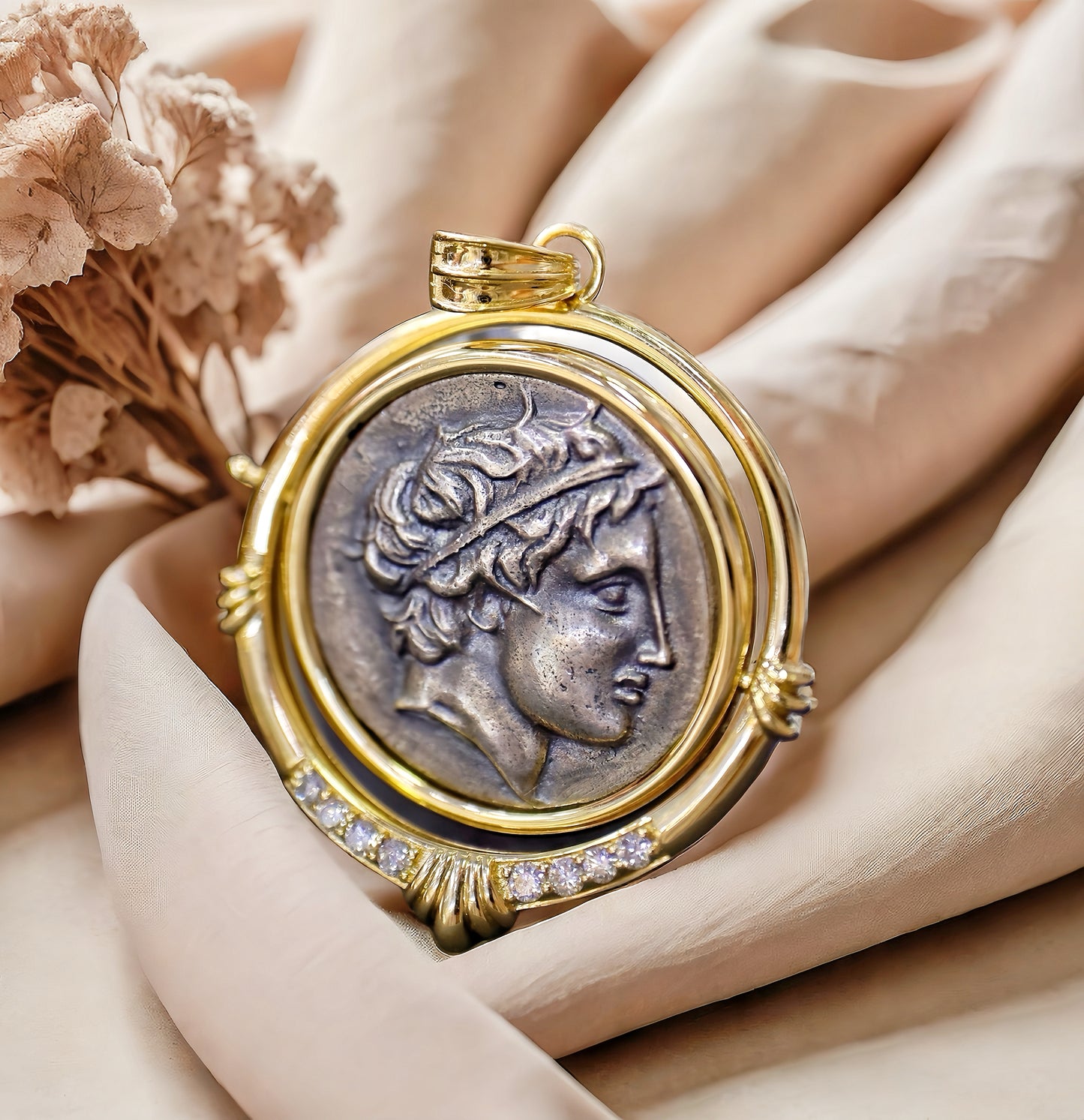 Macedonia Apollo With Horses Ancient Greek Coin Medallion 18K Gold Pendant (Item No. COIN013)