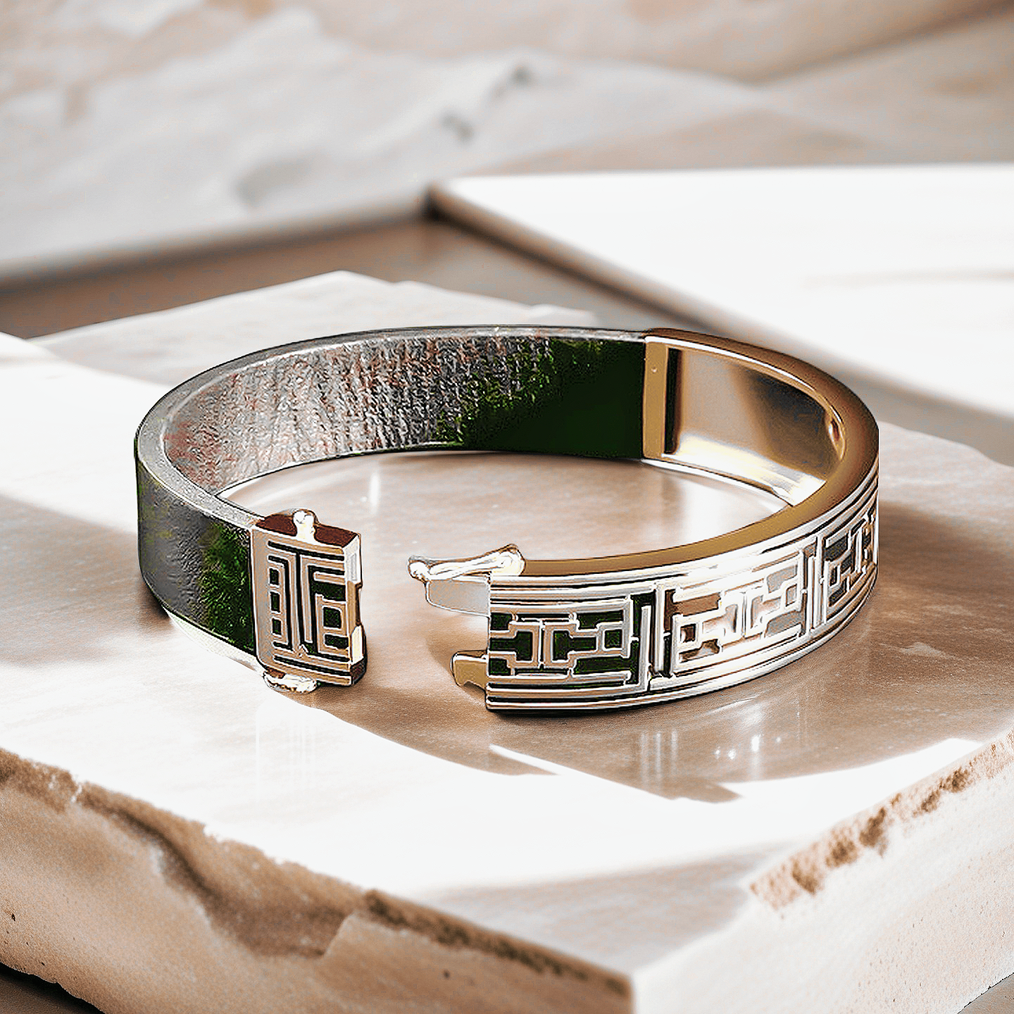 Greek Key Sterling Silver/9k/14k/18k Enamel Leather Gold Bangle(Item No. GB0006)
