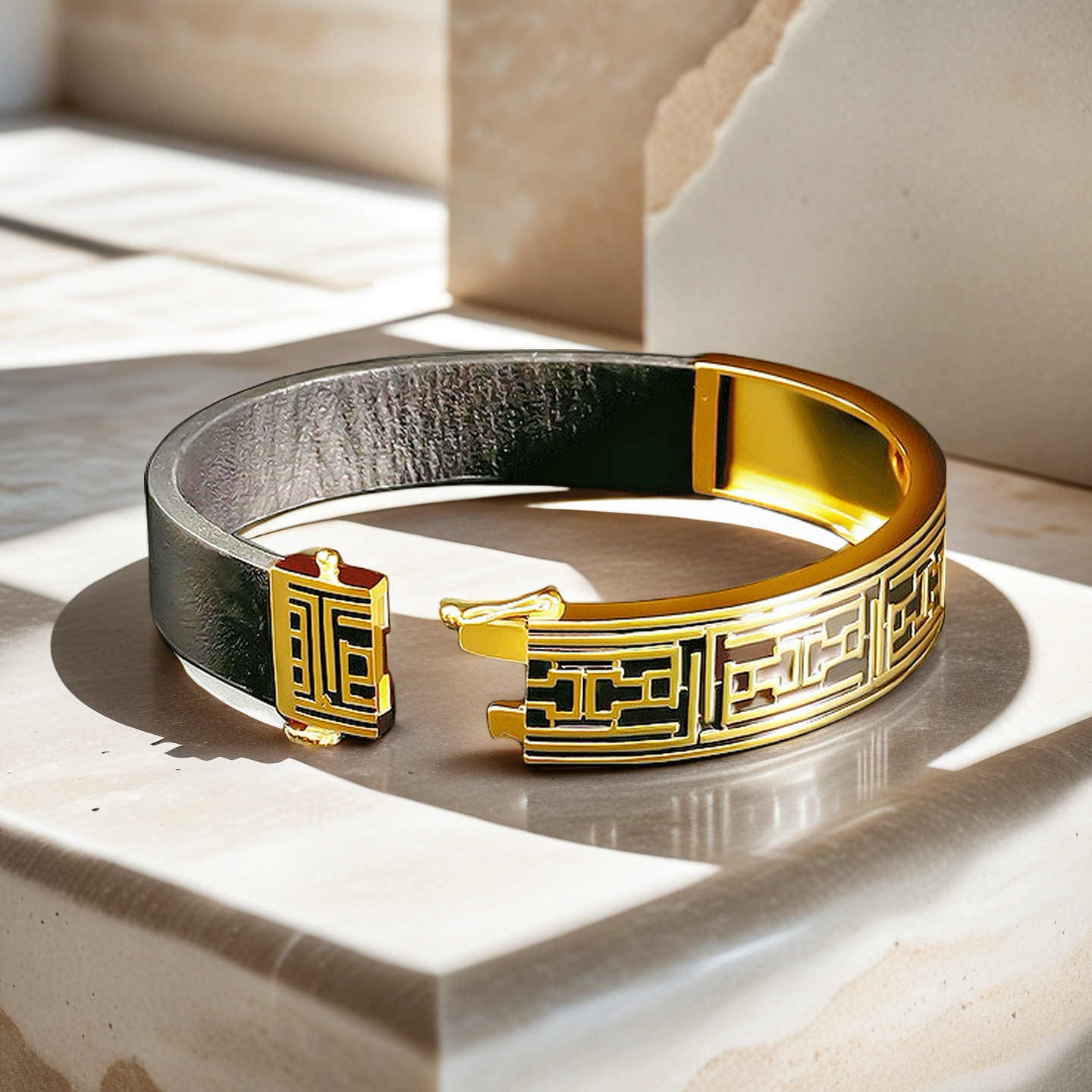 Greek Key Sterling Silver/9k/14k/18k Enamel Leather Gold Bangle(Item No. GB0006)