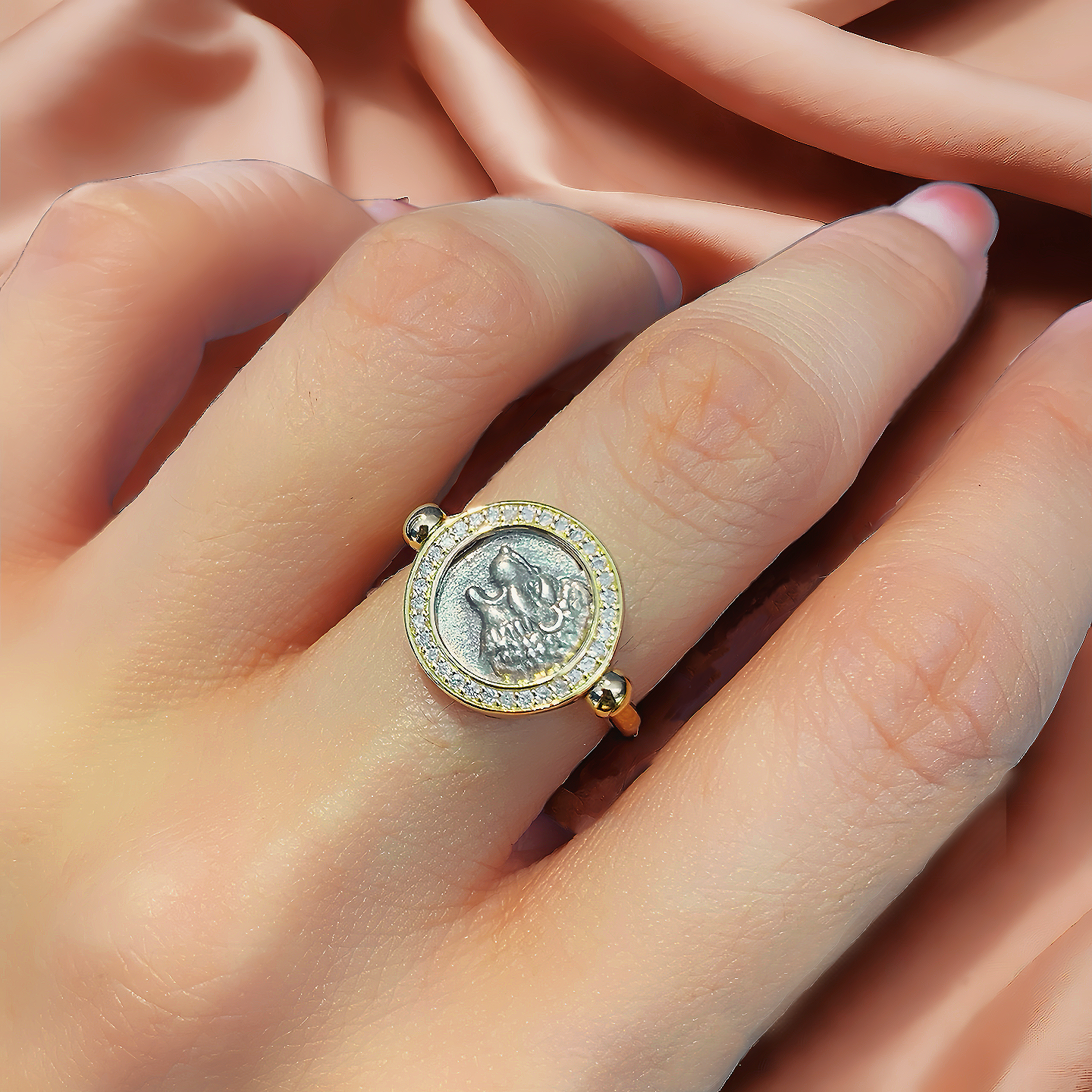 Lion Ancient Coin Medallion 18K Gold Ring (Item No. COIN082)