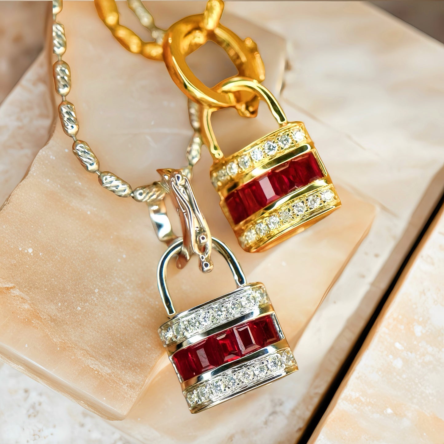 Lucky Lock 18k Gold Diamond Ruby Pendant (Item No. VT198)