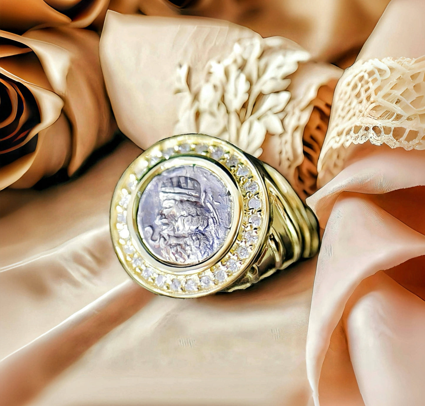 Parthian Emperor Ancient Coin Medallion 18K Gold Ring (Item No. COIN053)