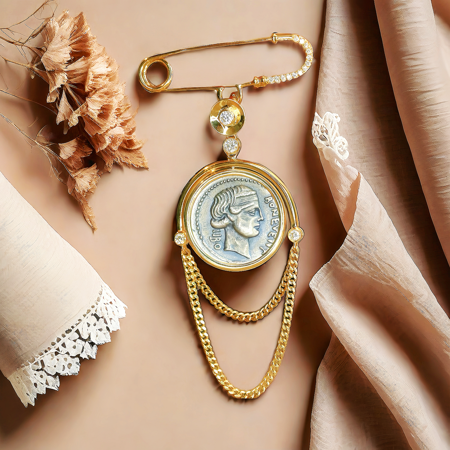 Fortuna Goddess Ancient Greek Coin Medallion 18K Gold Pendant (Item No. COIN092)