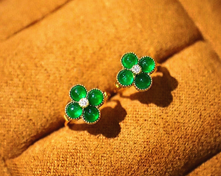 Four-leaf Clover 18k Gold Diamond Emerald Earring (Item No. VT060)