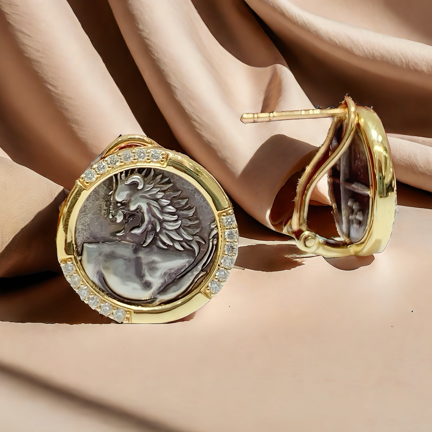 Lion Ancient Greek Coin Medallion 18K Gold Diamond Earring (Item No. COIN047)
