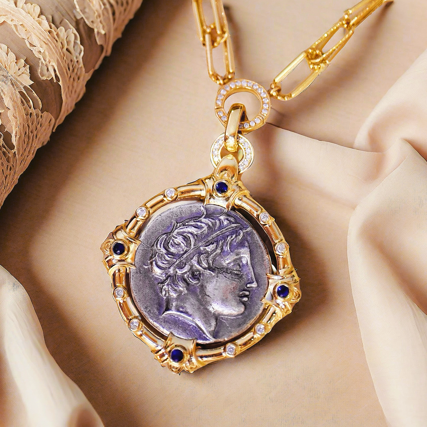 Apollo The Sun God Ancient Greek Coin Medallion 18K Gold Pendant (Item No. COIN024)