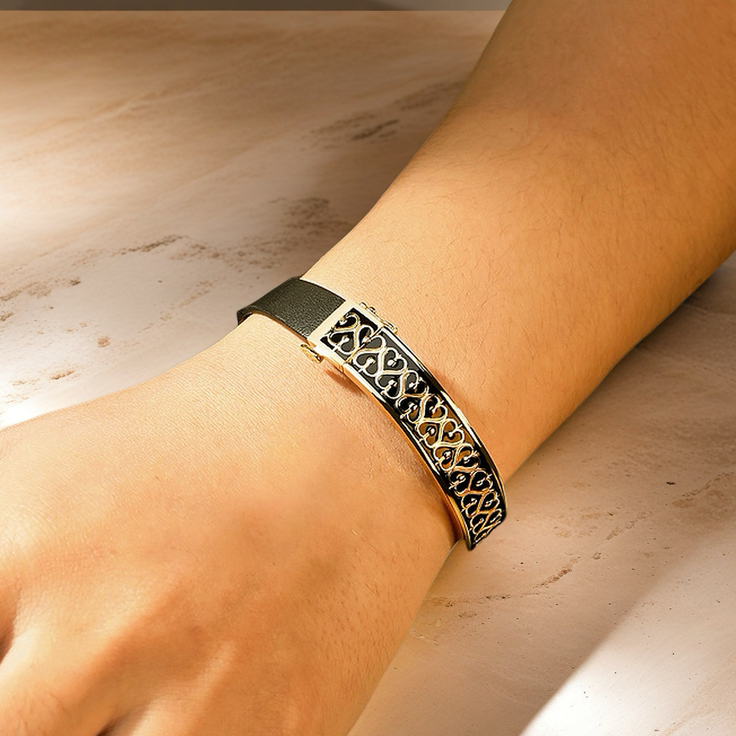 Greek Key Sterling Silver/9k/14k/18k Enamel Leather Gold Bangle(Item No. GB0009)