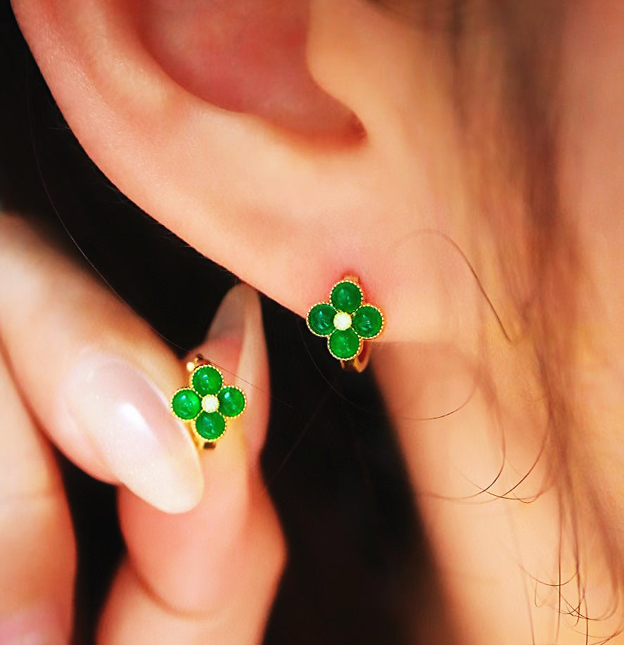 Four-leaf Clover 18k Gold Diamond Emerald Earring (Item No. VT060)