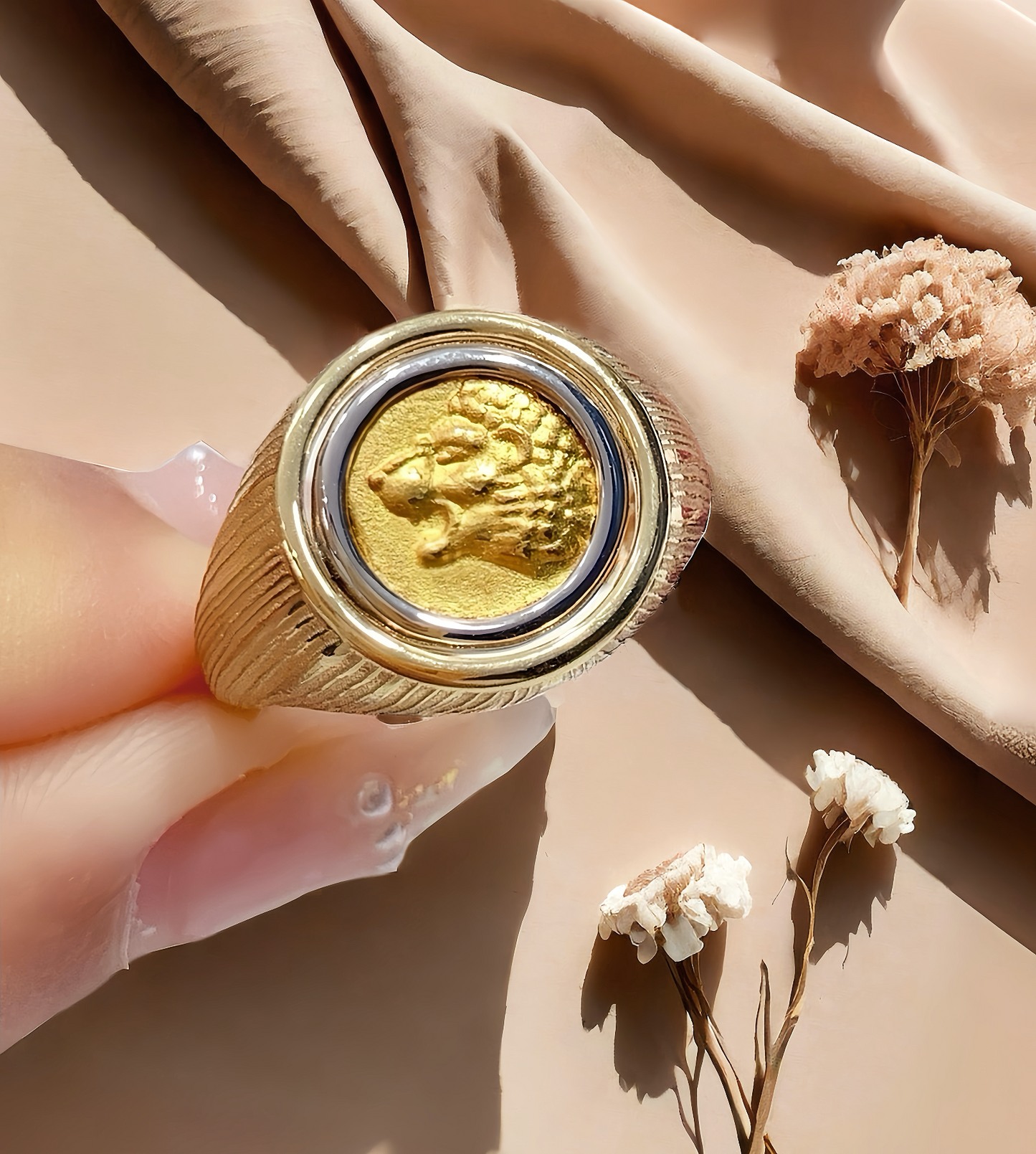 Lion Ancient Coin Medallion Electrum Gold 24k Gold Ring(Item No. COIN068)