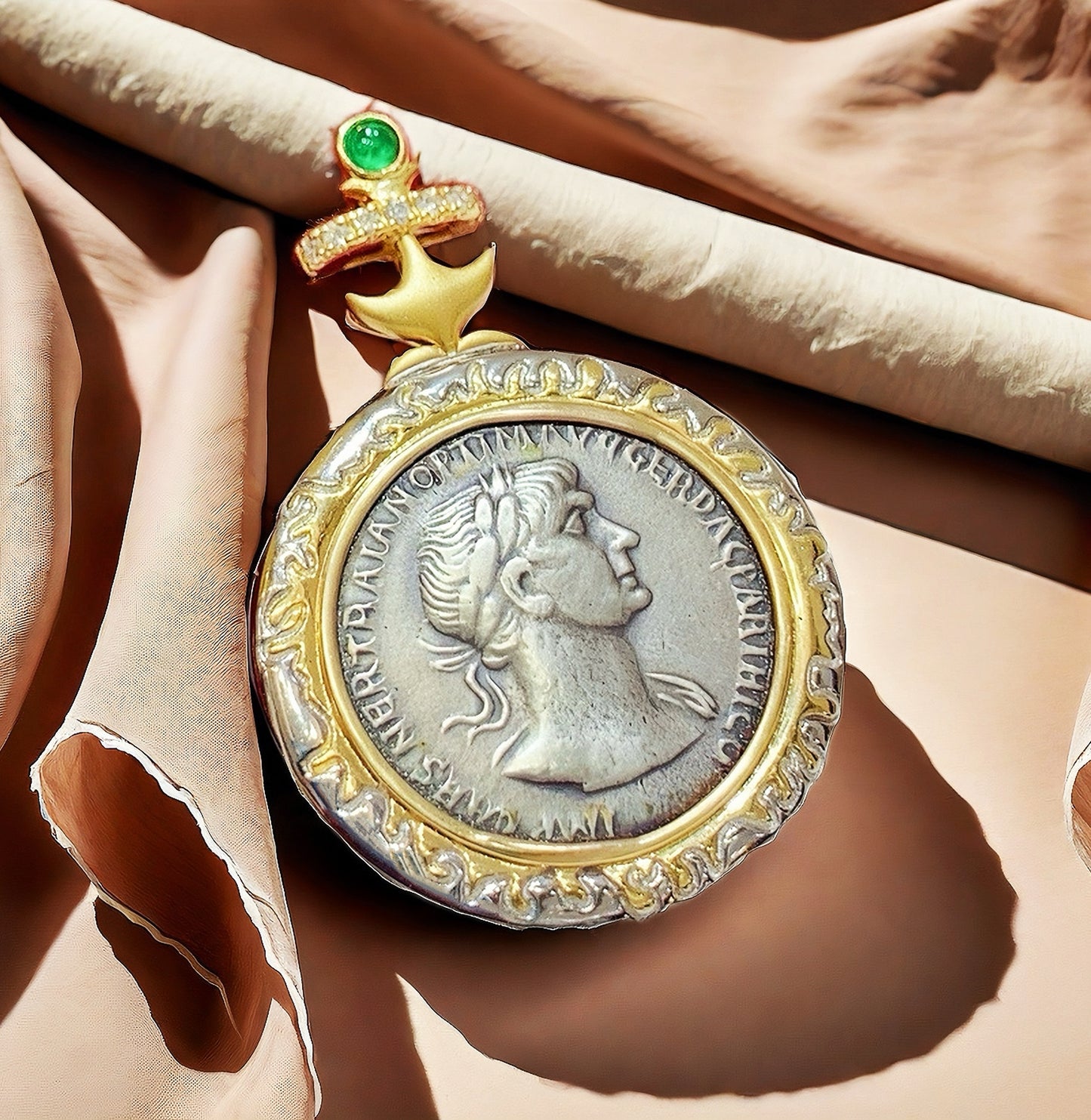 Emperor Trajan& Fortuna Ancient Greek Coin Medallion 18K Gold Pendant (Item No. COIN041)