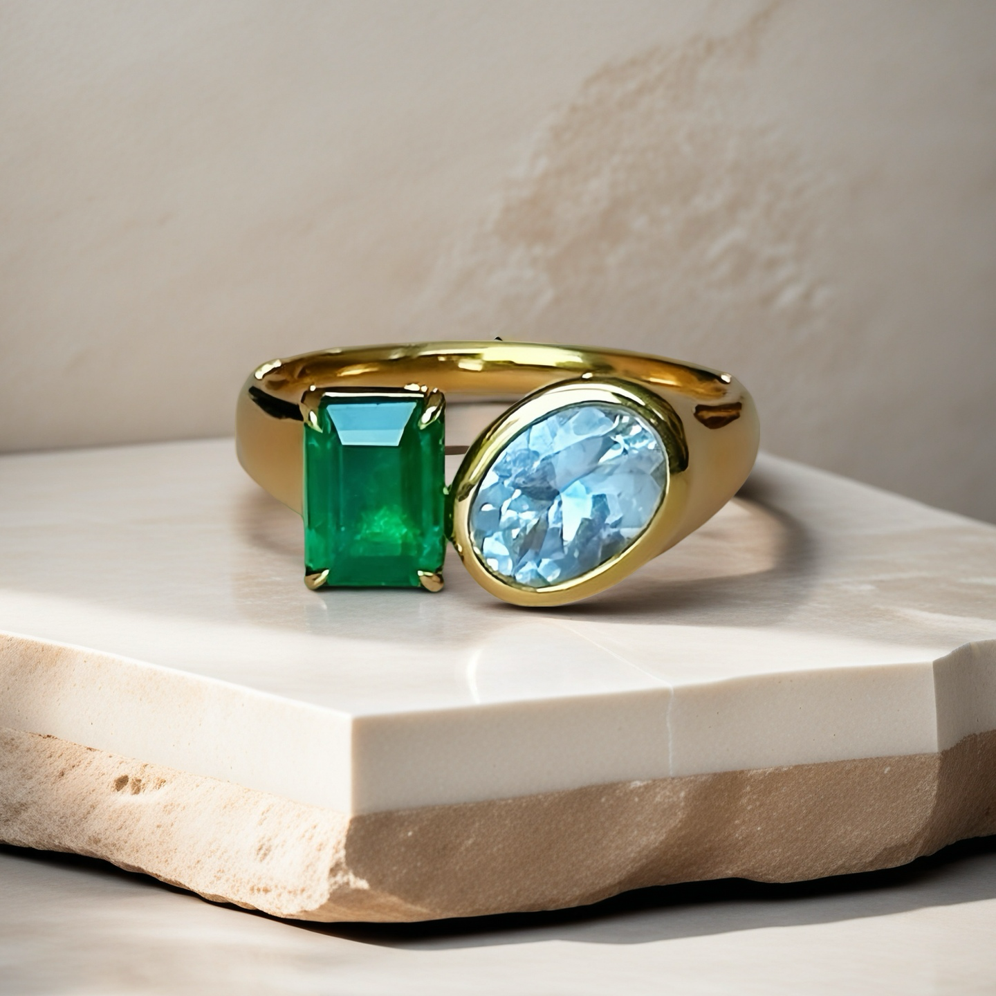 Toi et Moi 18k Gold Sahpire Emerald Ring (Item No. VT039)
