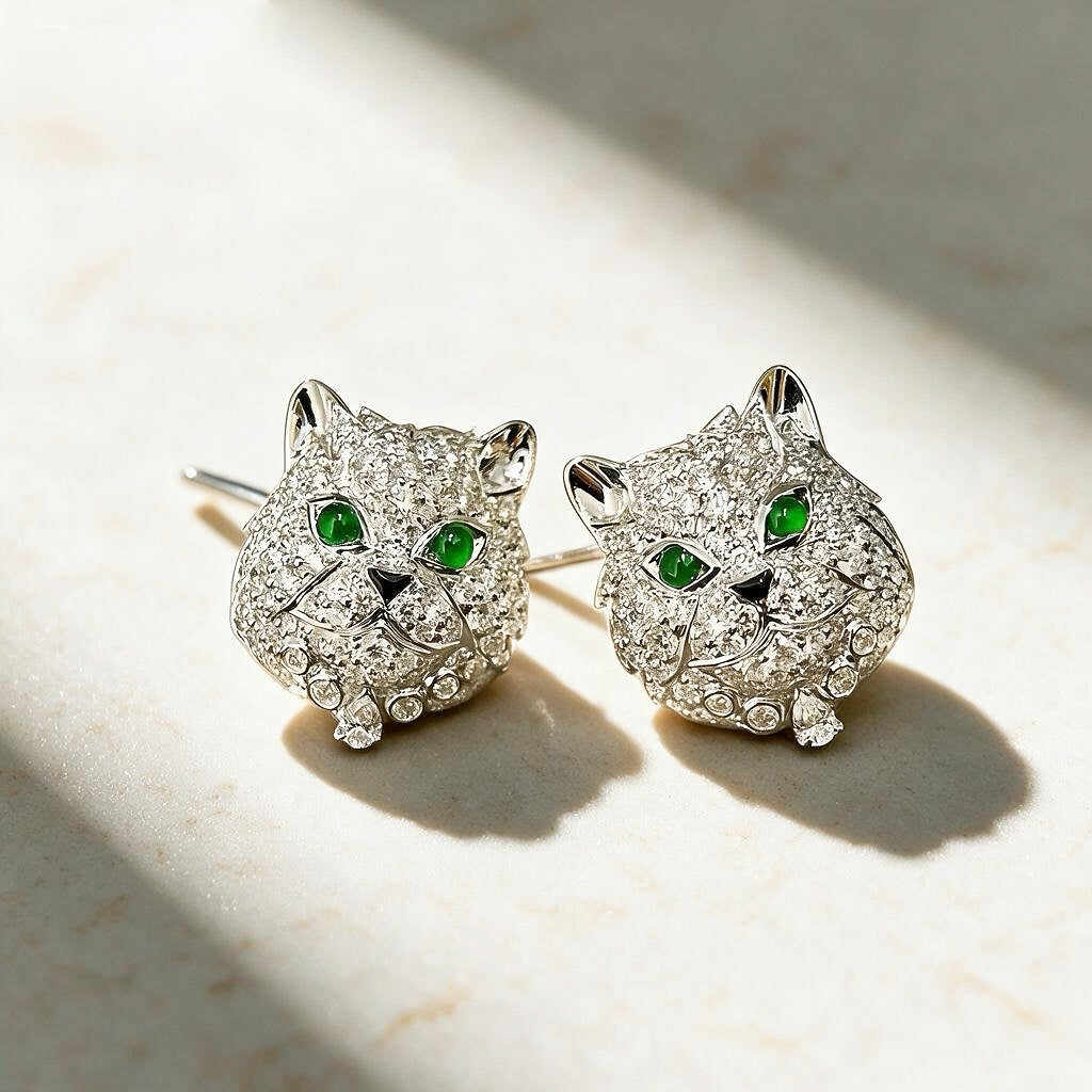 Cat 18k Gold Diamond Emerald Earring (Item No. VT437)