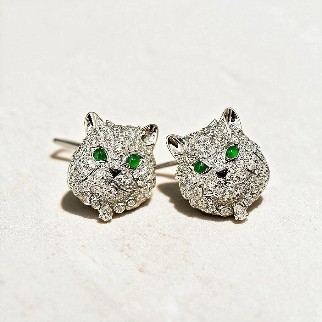 Cat 18k Gold Diamond Emerald Earring (Item No. VT437)