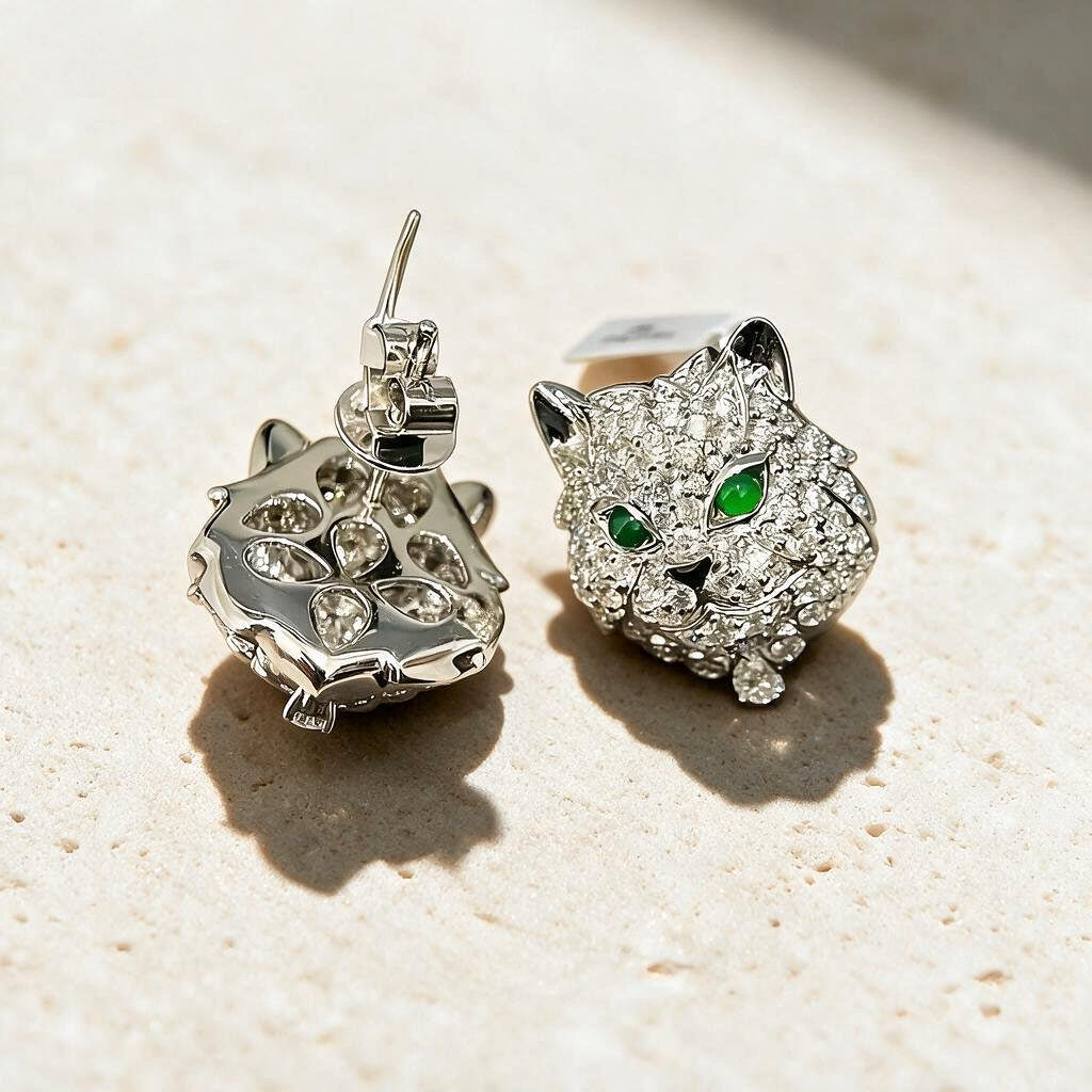 Cat 18k Gold Diamond Emerald Earring (Item No. VT437)