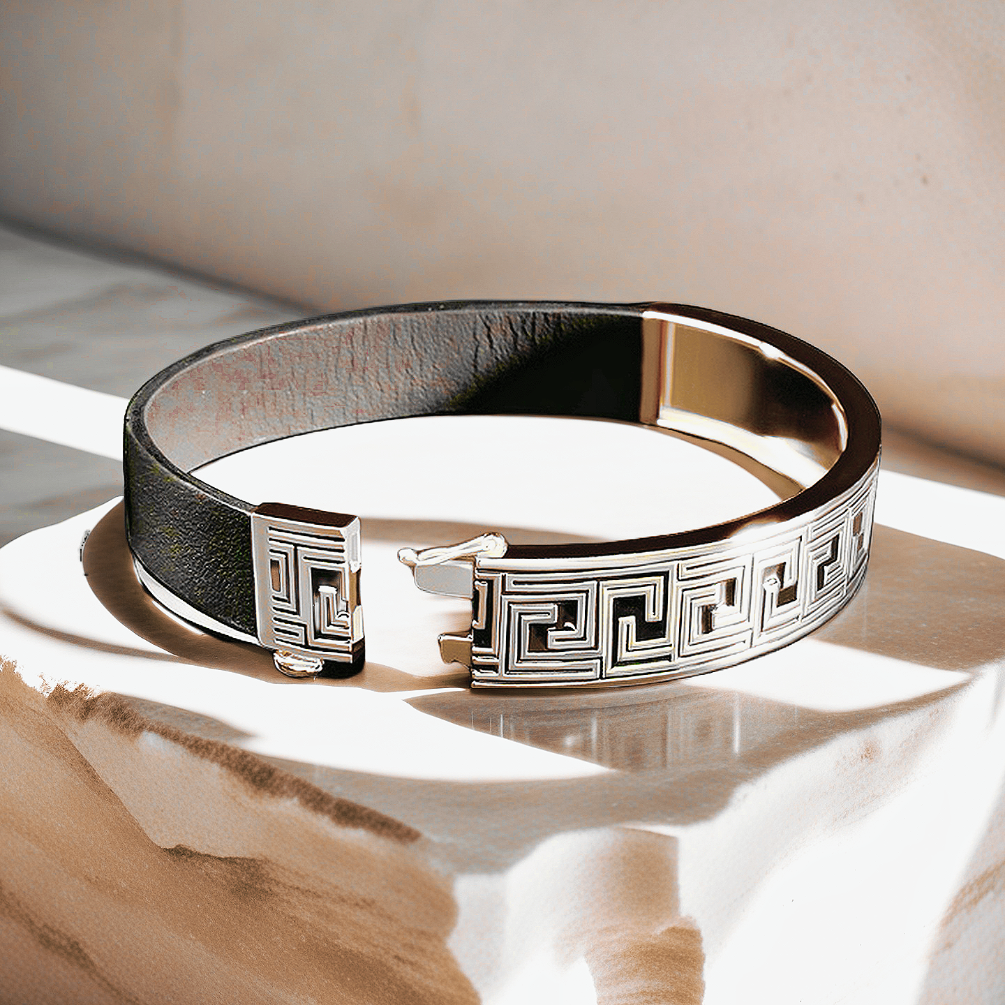 Greek Key Silver Enamel Leather Bangle (Item No. TDBS0005)