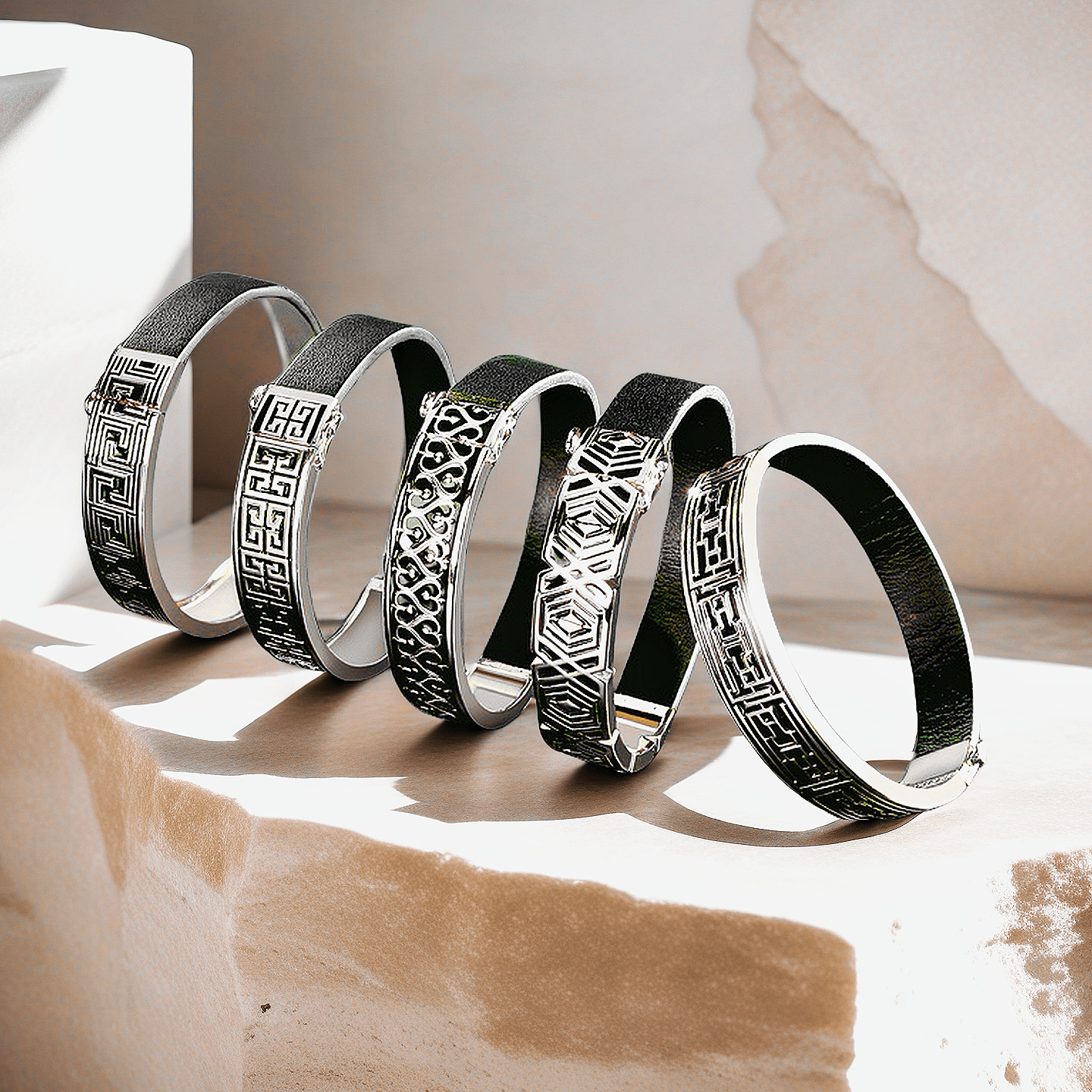 Greek Key Silver Enamel Leather Bangle (Item No. TDBS0005)