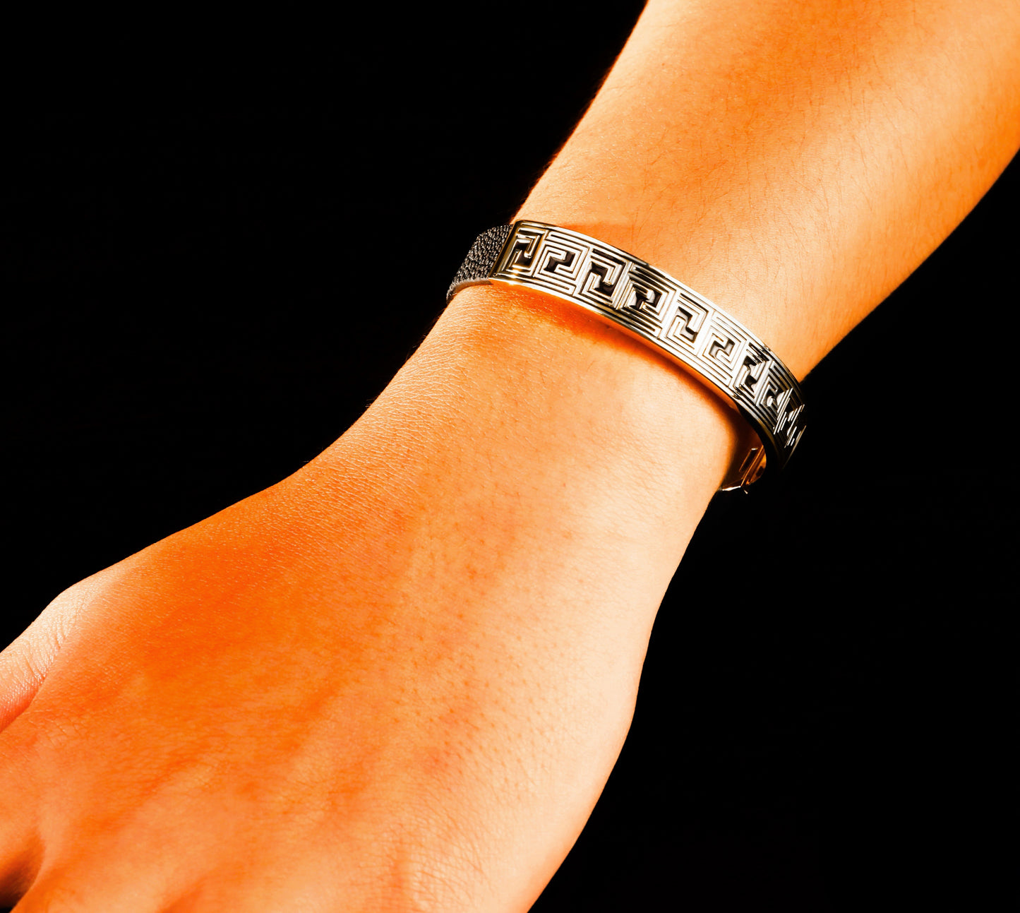 Greek Key Silver Enamel Leather Bangle (Item No. TDBS0005)