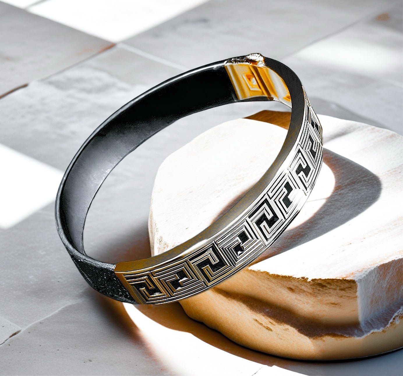 Greek Key Silver Enamel Leather Bangle (Item No. TDBS0005)