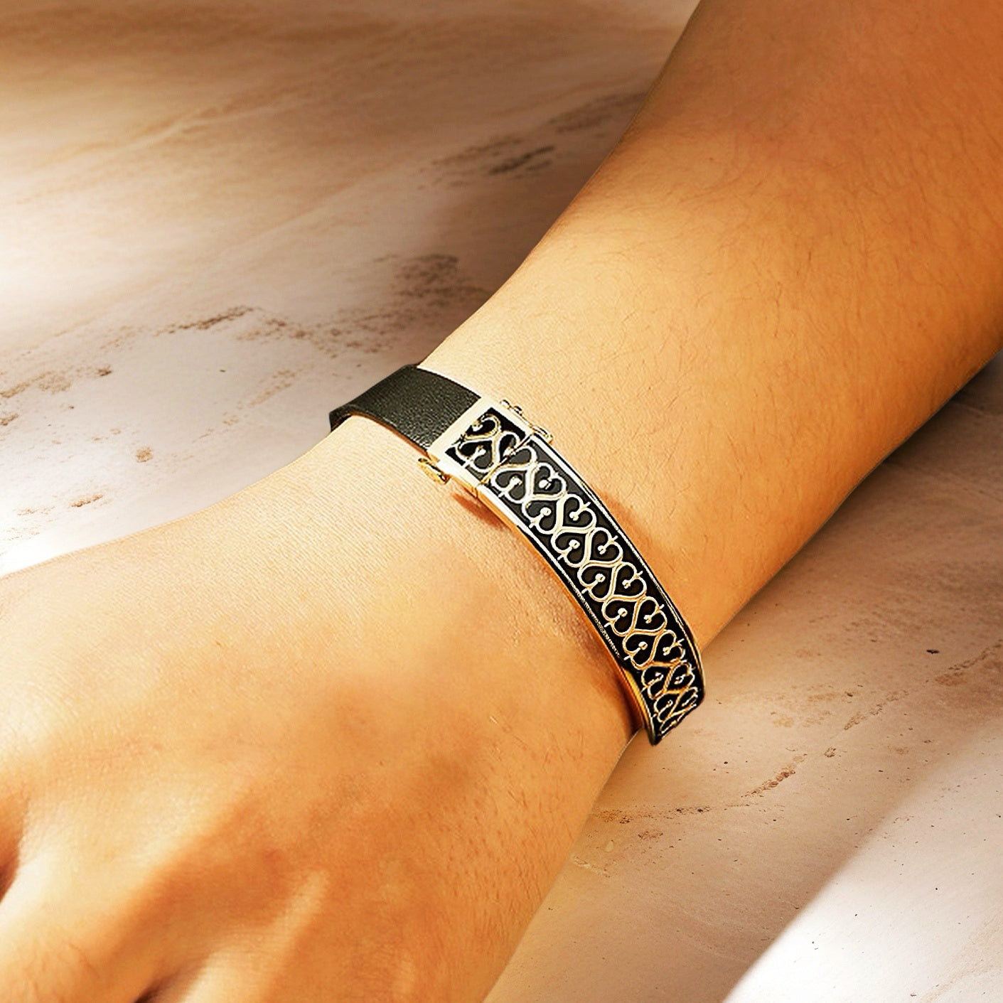 Greek Key Silver Enamel Leather Gold Bangle (Item No. TDBS0009)