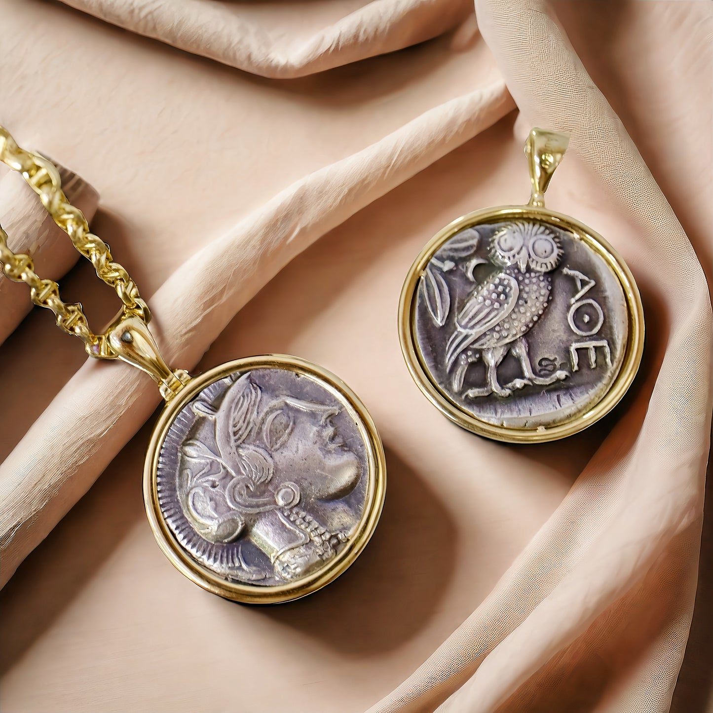 Athena Owl Ancient Greek Coin Medallion 18k Gold Pendant (Item No. COIN001)