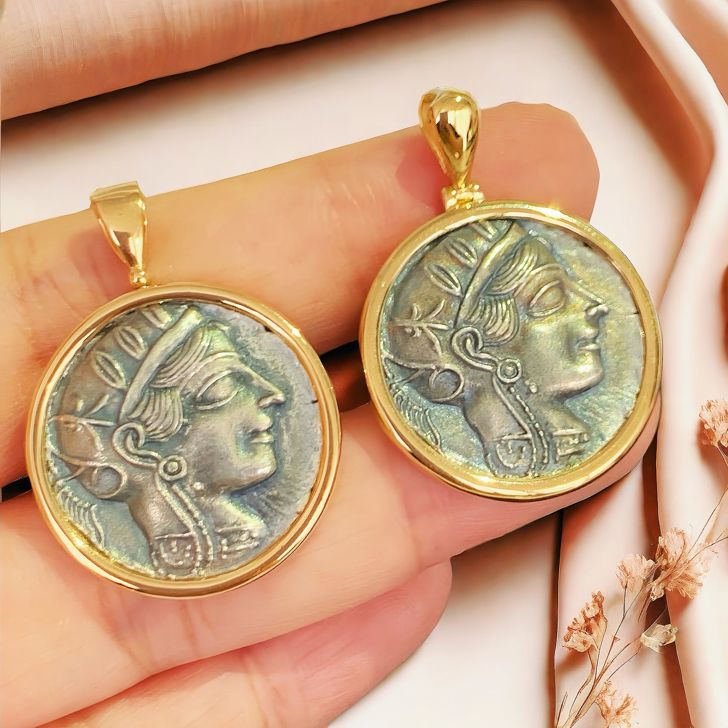 Athena Owl Ancient Greek Coin Medallion 18k Gold Pendant (Item No. COIN007)