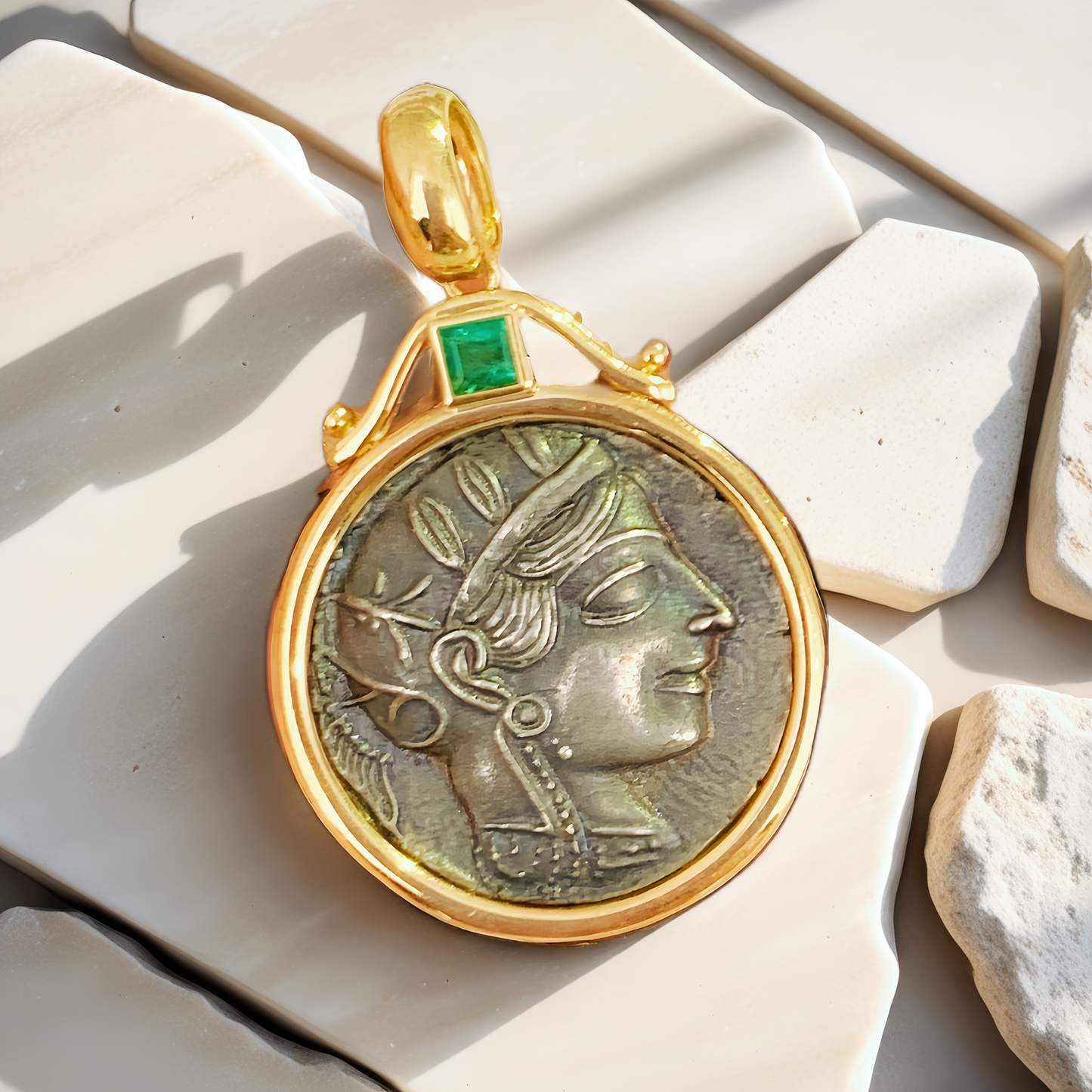 Athena Owl Ancient Greek Coin Medallion 18k Gold Pendant (Item No. COIN004)