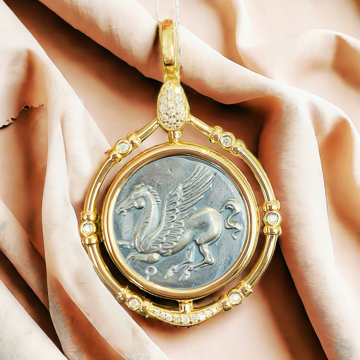 Athena & Pegasus Ancient Greek Coin Medallion 18K Gold Pendant (Item No. COIN031)