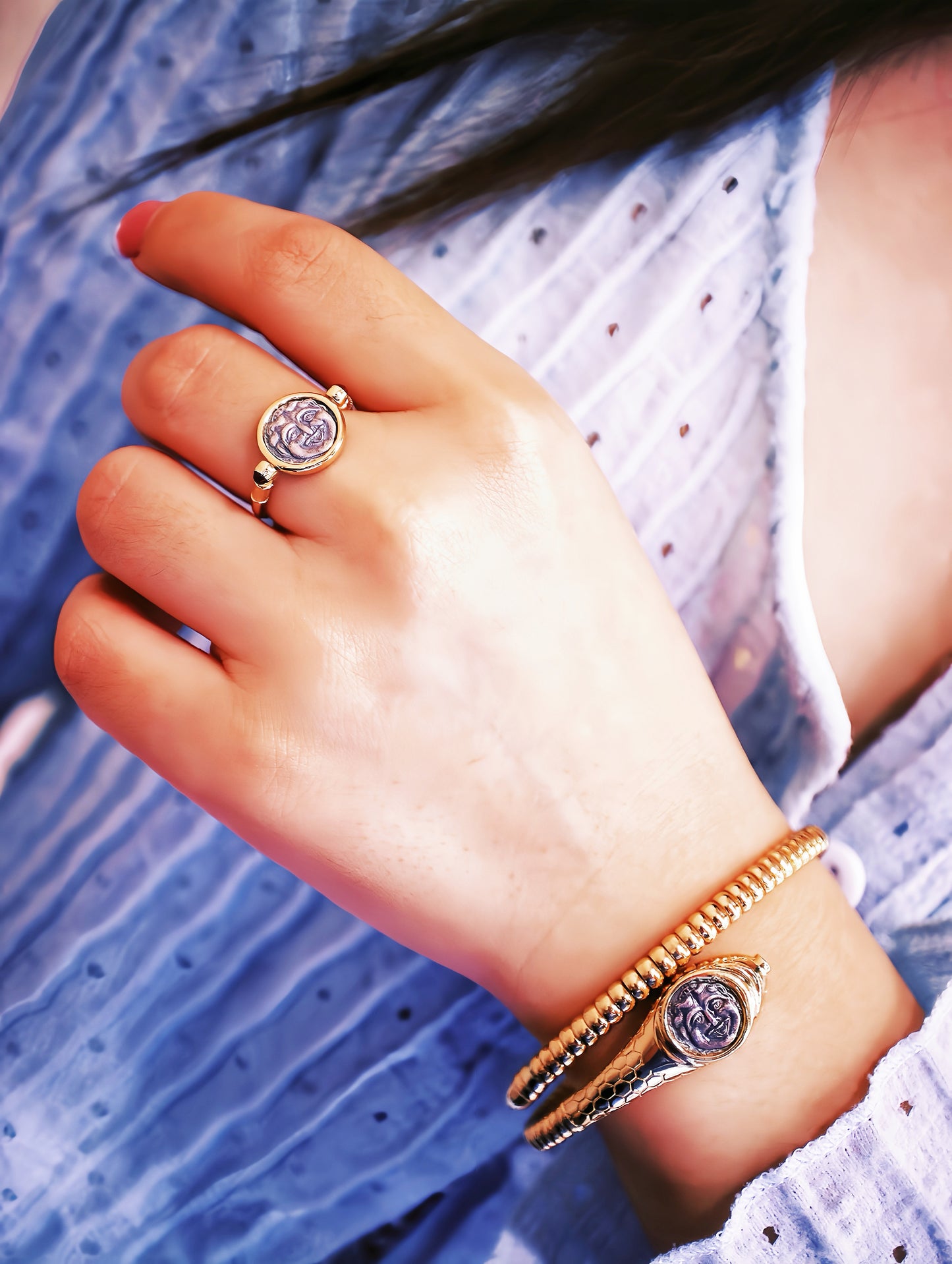 Medusa Ancient Greek Coin Medallion 18K Gold Bangle Ring (Item No. COIN037)