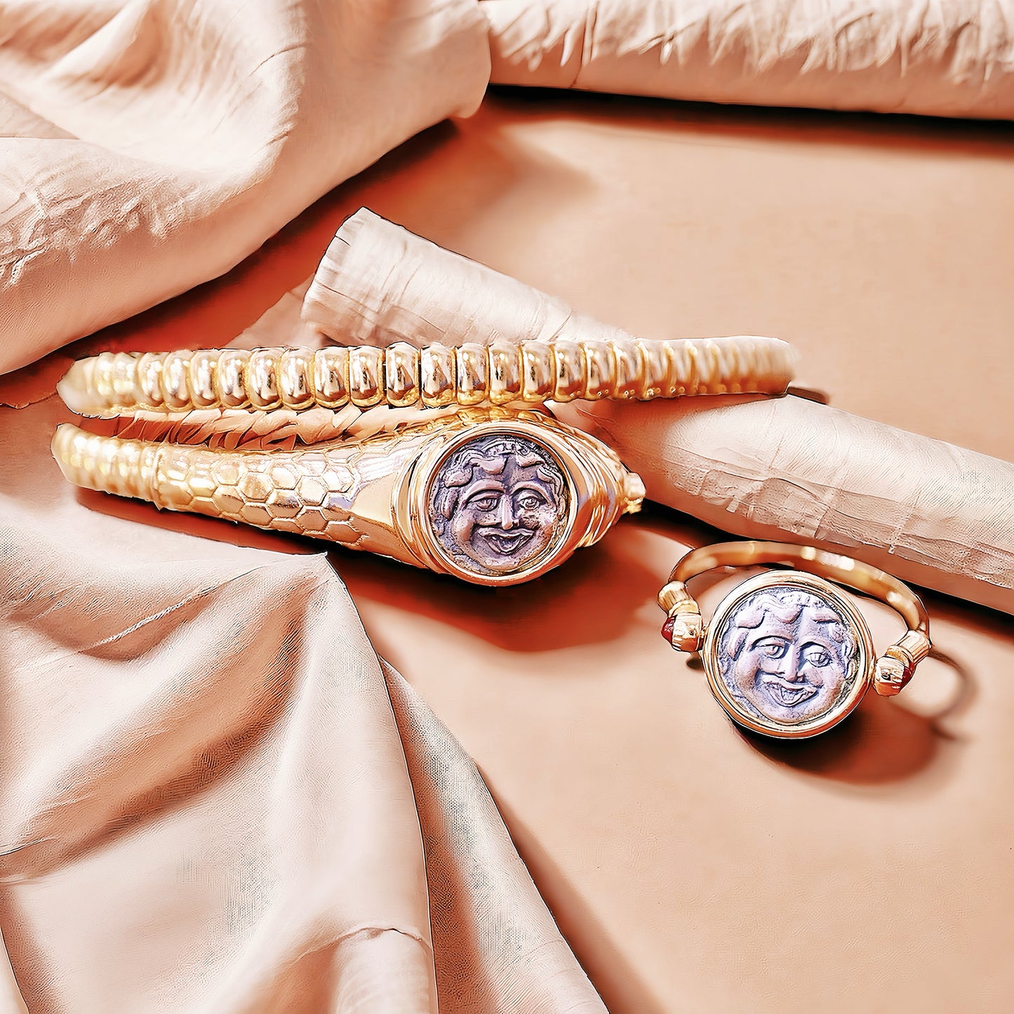 Medusa Ancient Greek Coin Medallion 18K Gold Bangle Ring (Item No. COIN037)